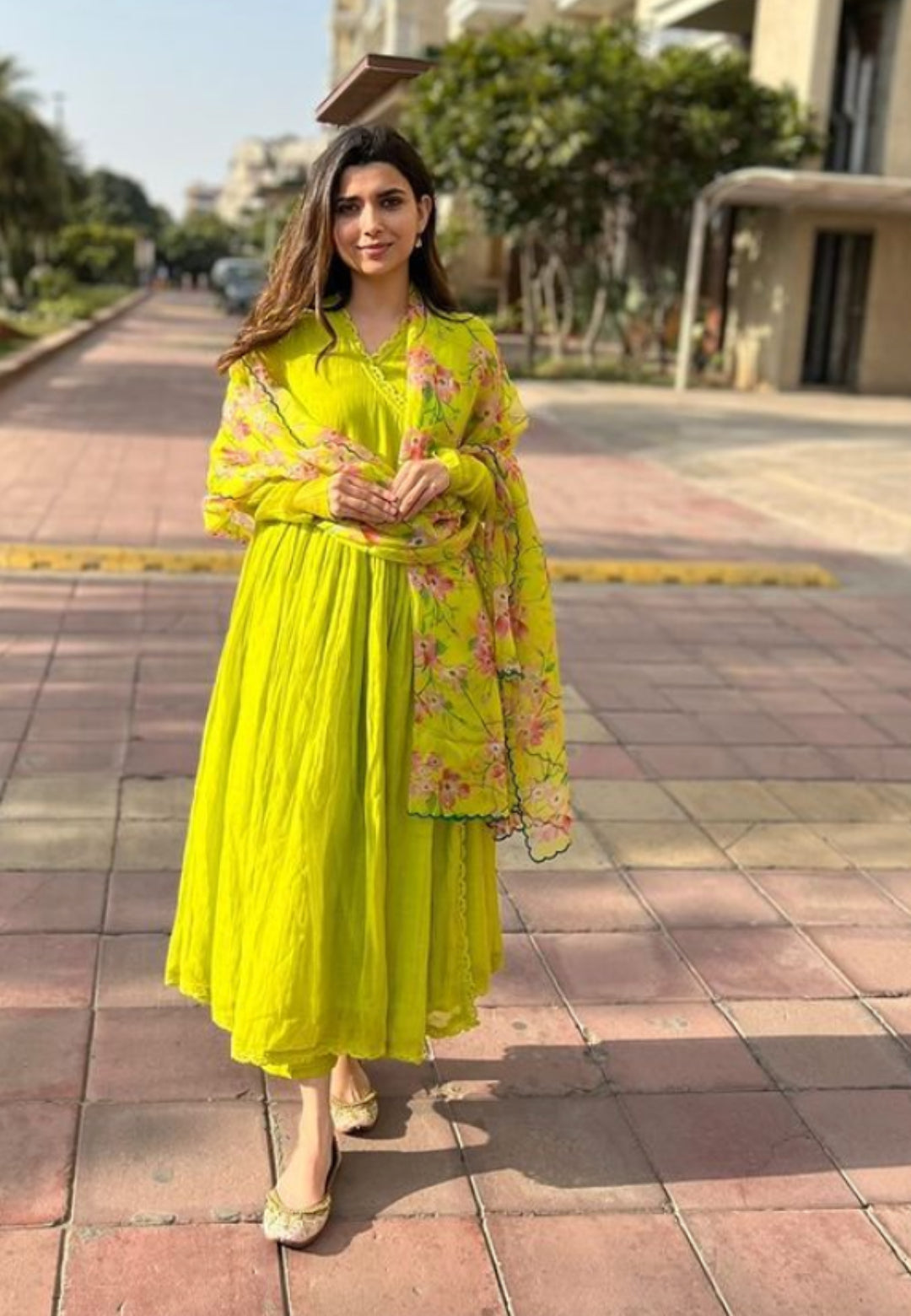 LIME GREEN CHANDERI ORGANZA ANGRAKHA SUIT SET
