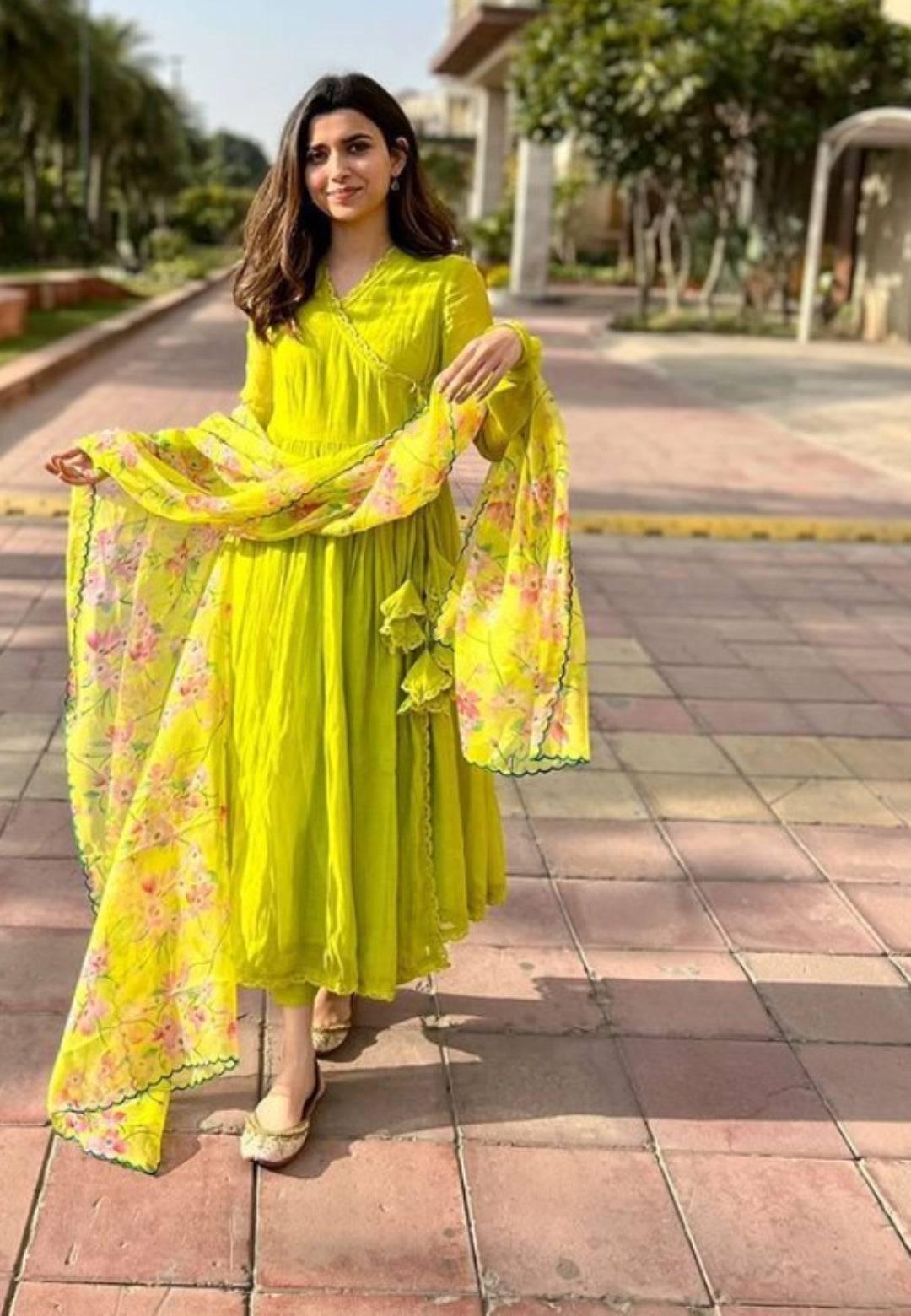 LIME GREEN CHANDERI ORGANZA ANGRAKHA SUIT SET