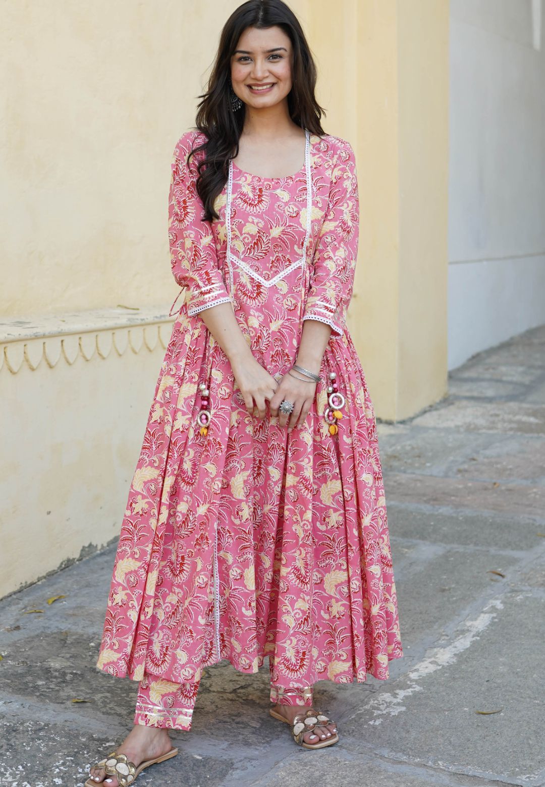 PINK FLORAL COTTON HANDBLOCK KURTA SET