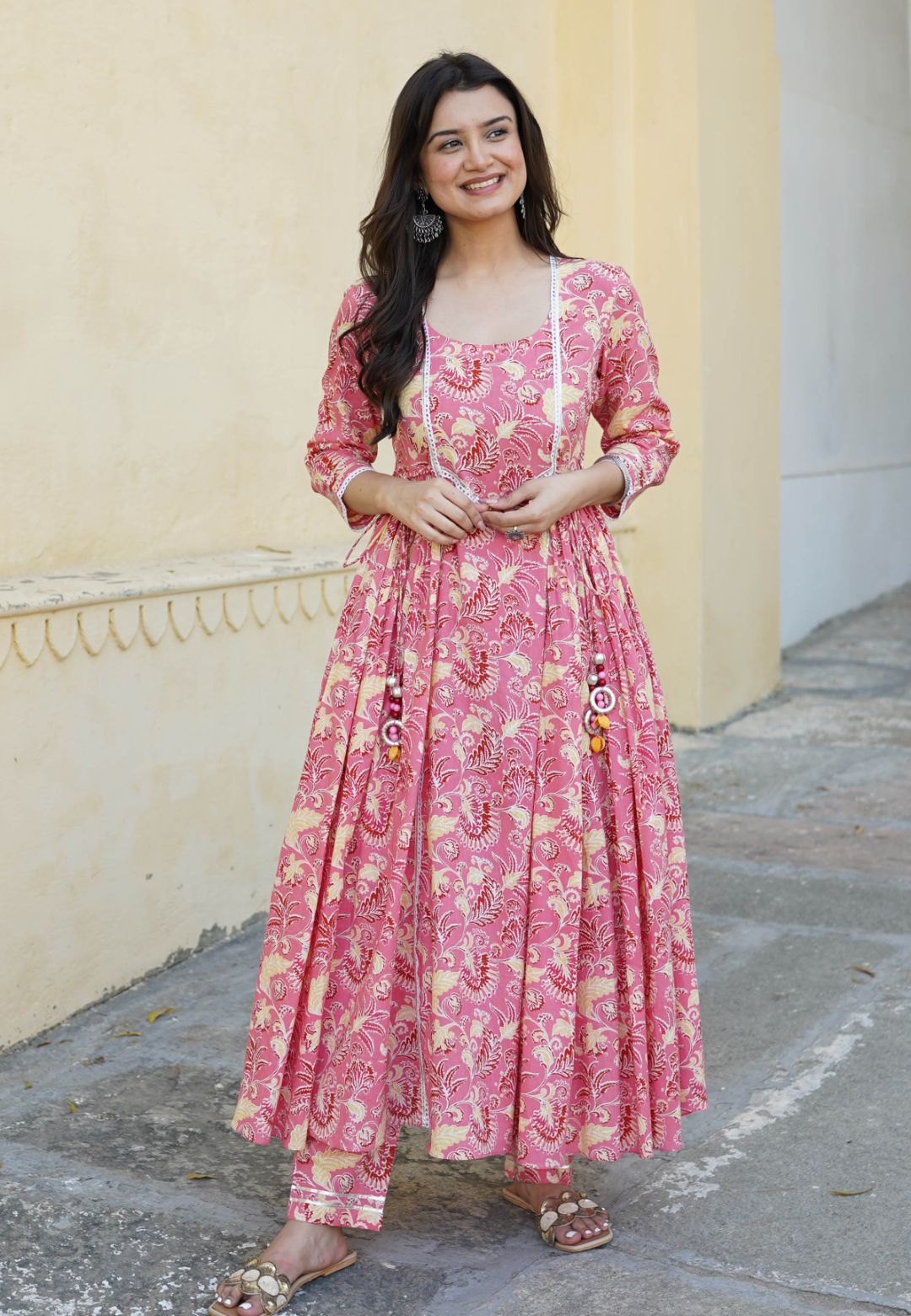 PINK FLORAL COTTON HANDBLOCK KURTA SET