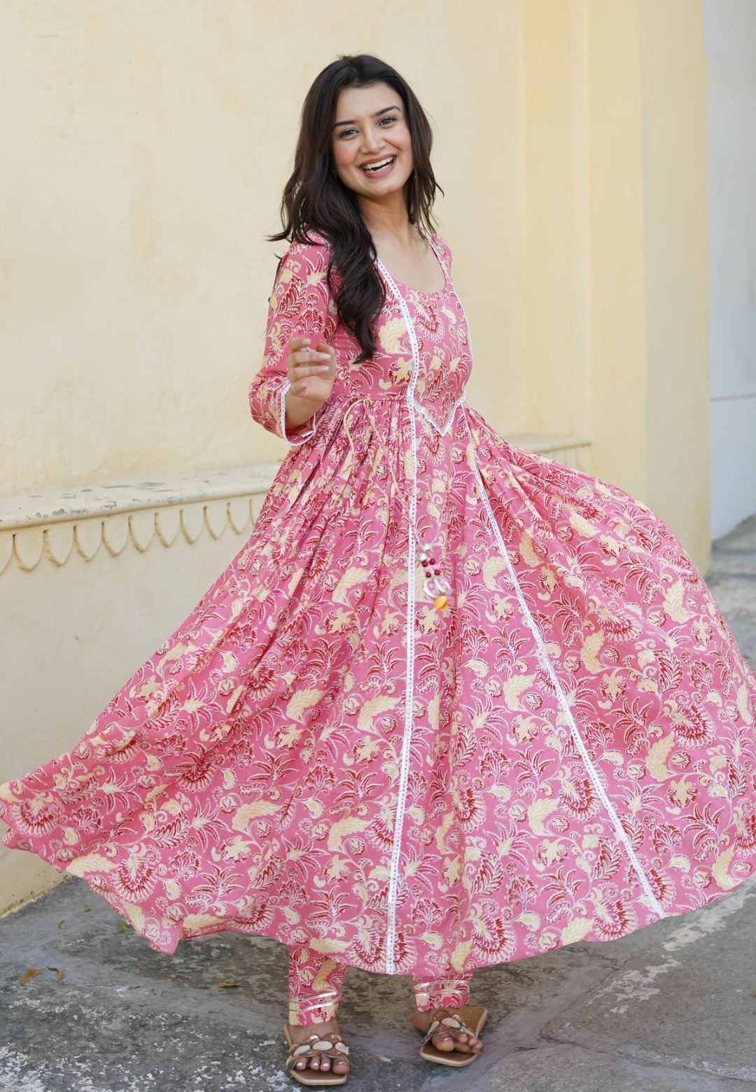 PINK FLORAL COTTON HANDBLOCK KURTA SET