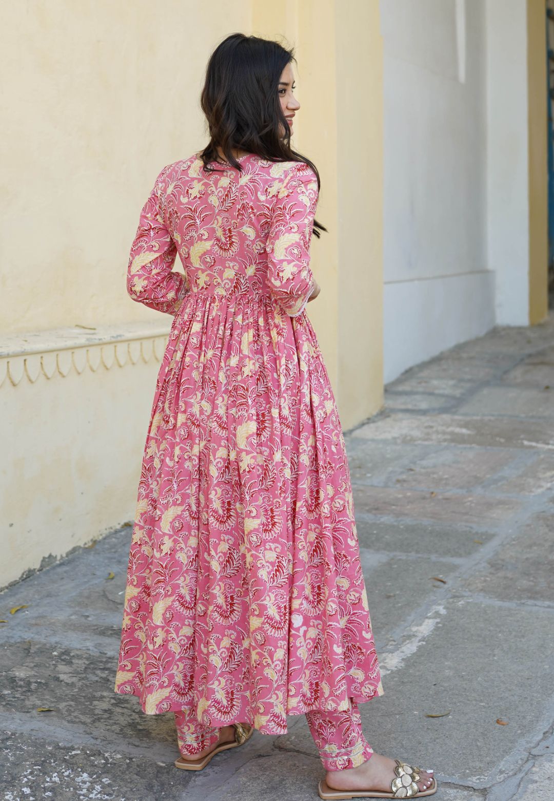 PINK FLORAL COTTON HANDBLOCK KURTA SET
