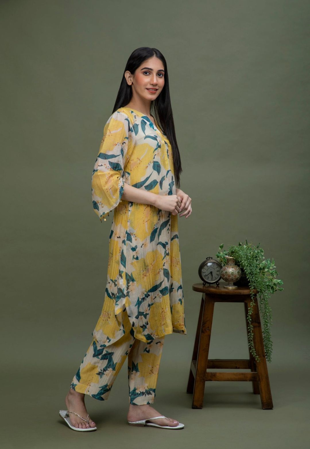 YELLOW PRINTED CHANDERI COORD SET