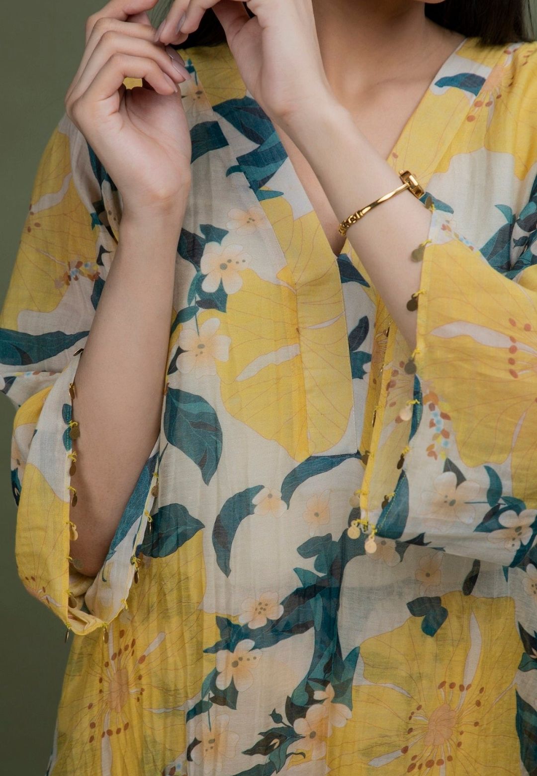 YELLOW PRINTED CHANDERI COORD SET