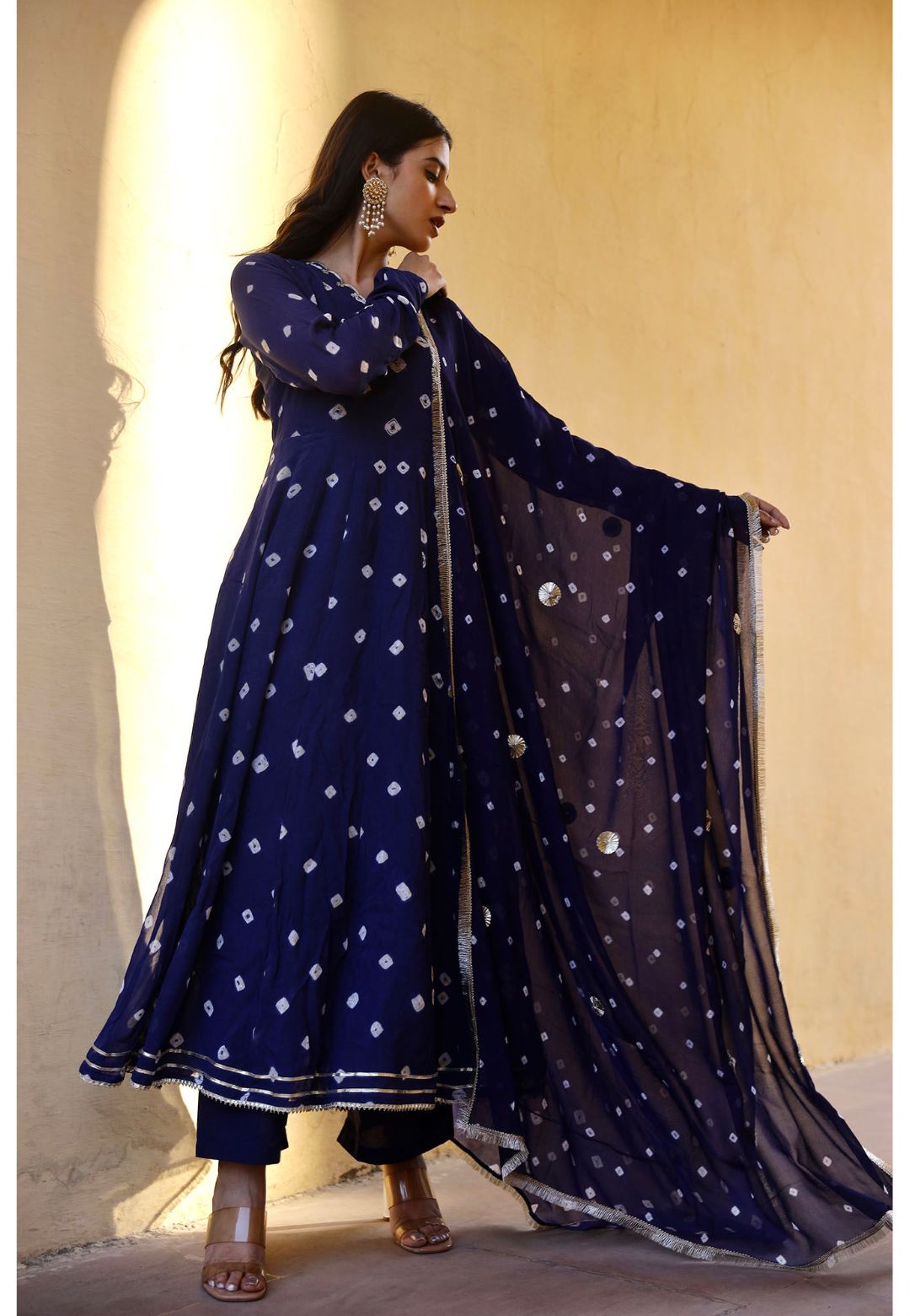 BLUE BANDHEJ GEORGETTE ANARKALI SUIT SET