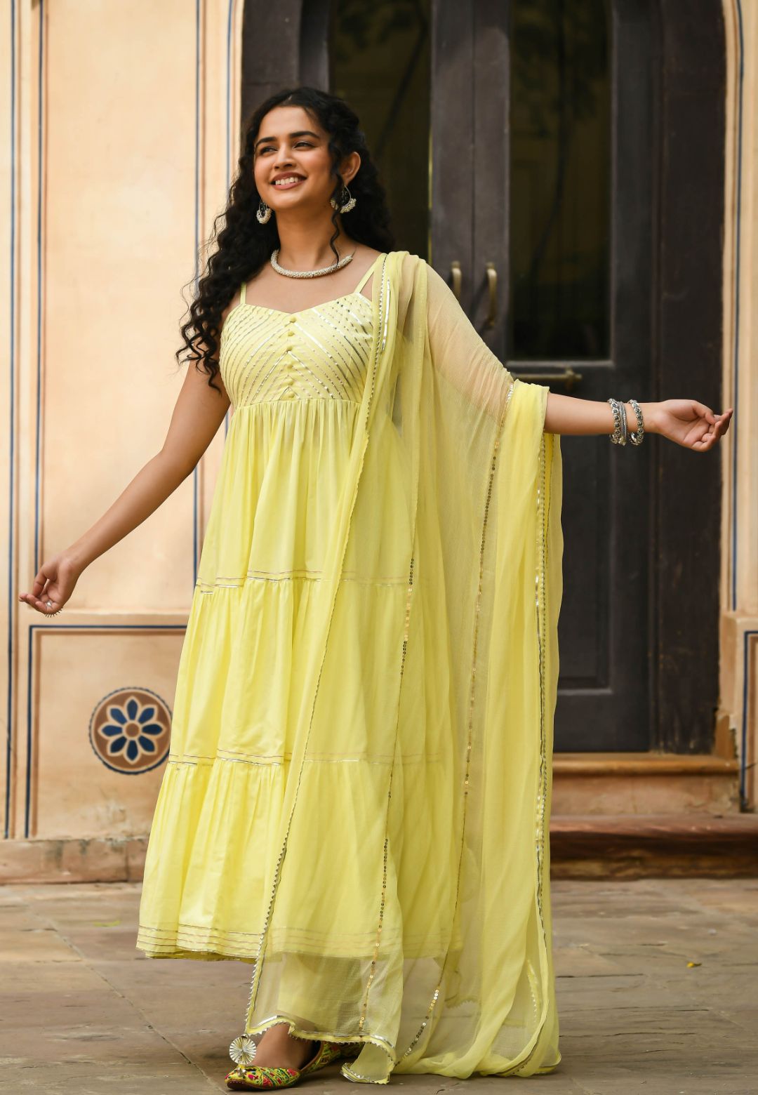 PASTEL YELLOW TIERED ANARKALI SUIT SET