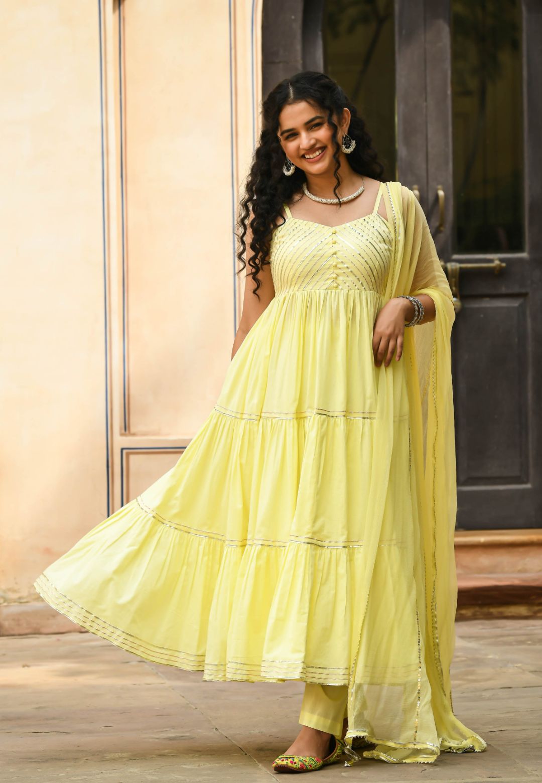 PASTEL YELLOW TIERED ANARKALI SUIT SET