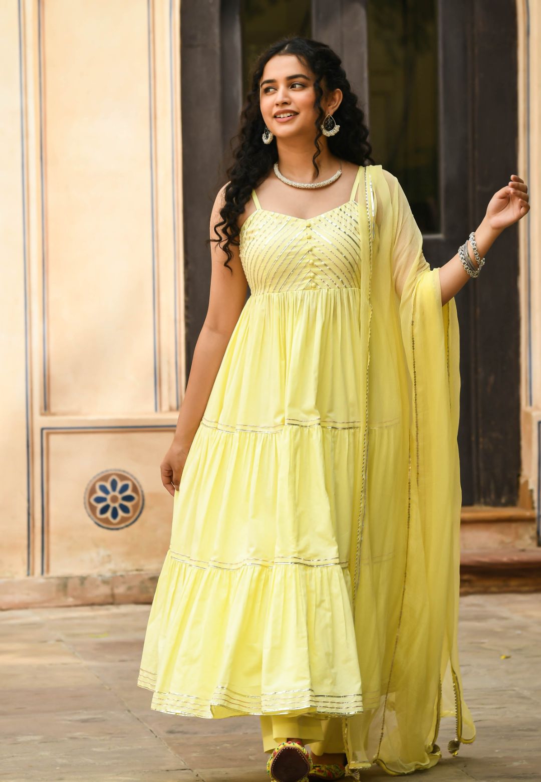 PASTEL YELLOW TIERED ANARKALI SUIT SET