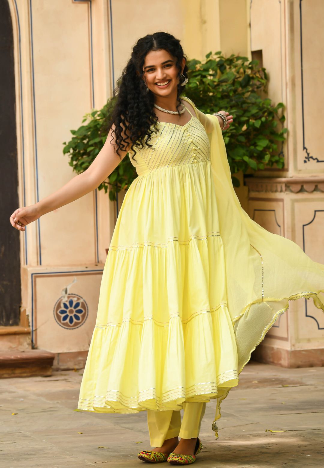 PASTEL YELLOW TIERED ANARKALI SUIT SET