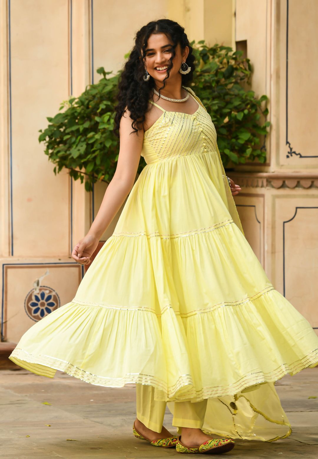 PASTEL YELLOW TIERED ANARKALI SUIT SET