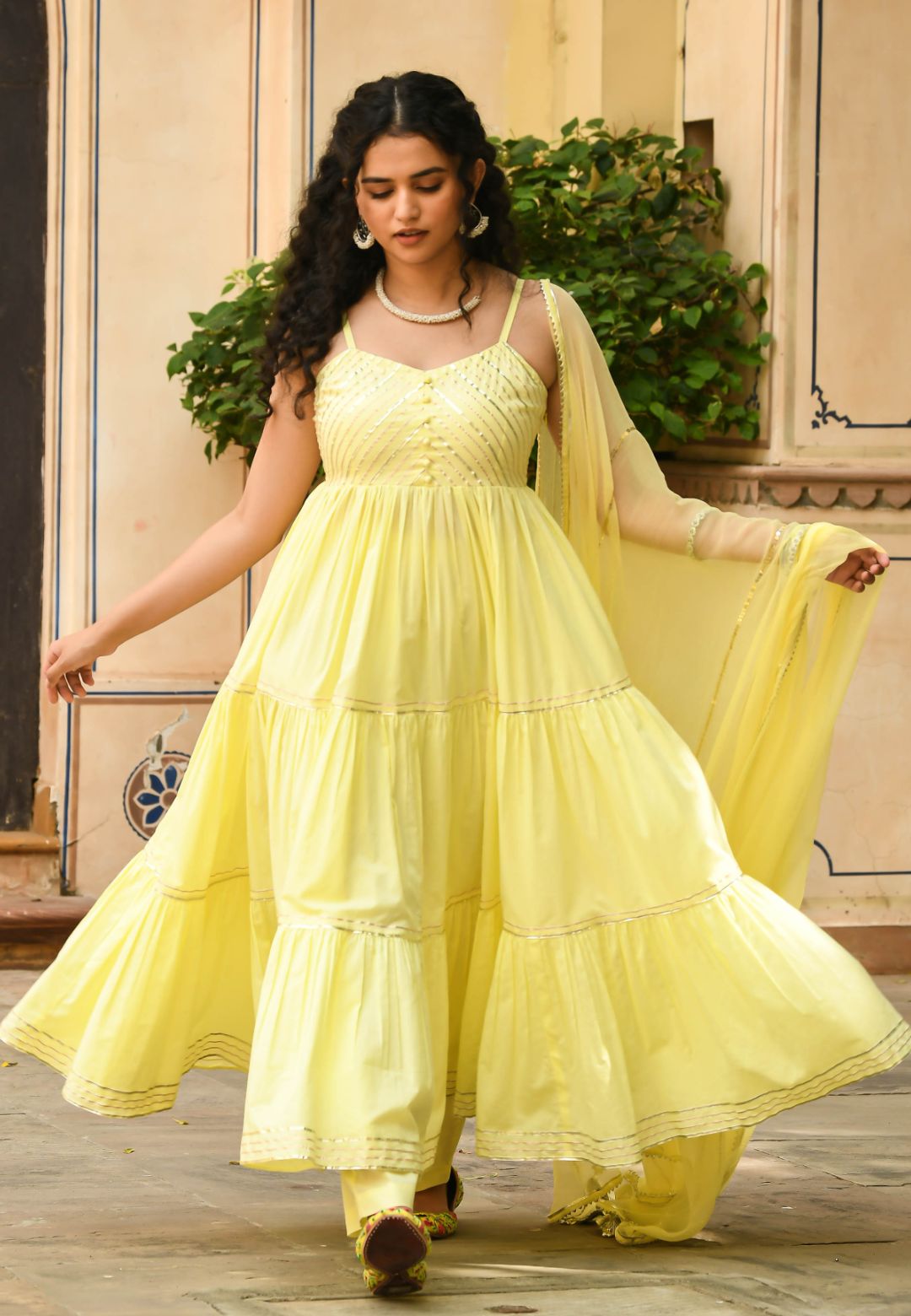PASTEL YELLOW TIERED ANARKALI SUIT SET