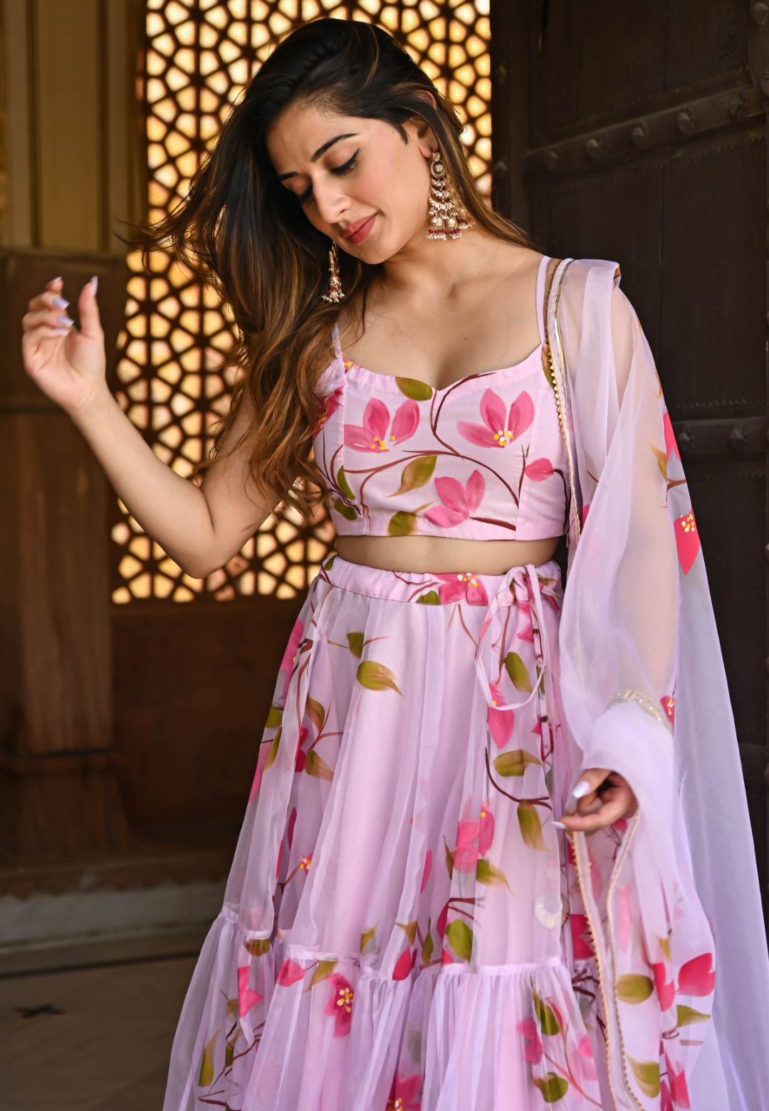 BABY PINK HANDPAINTED ORGANZA LEHENGA SET