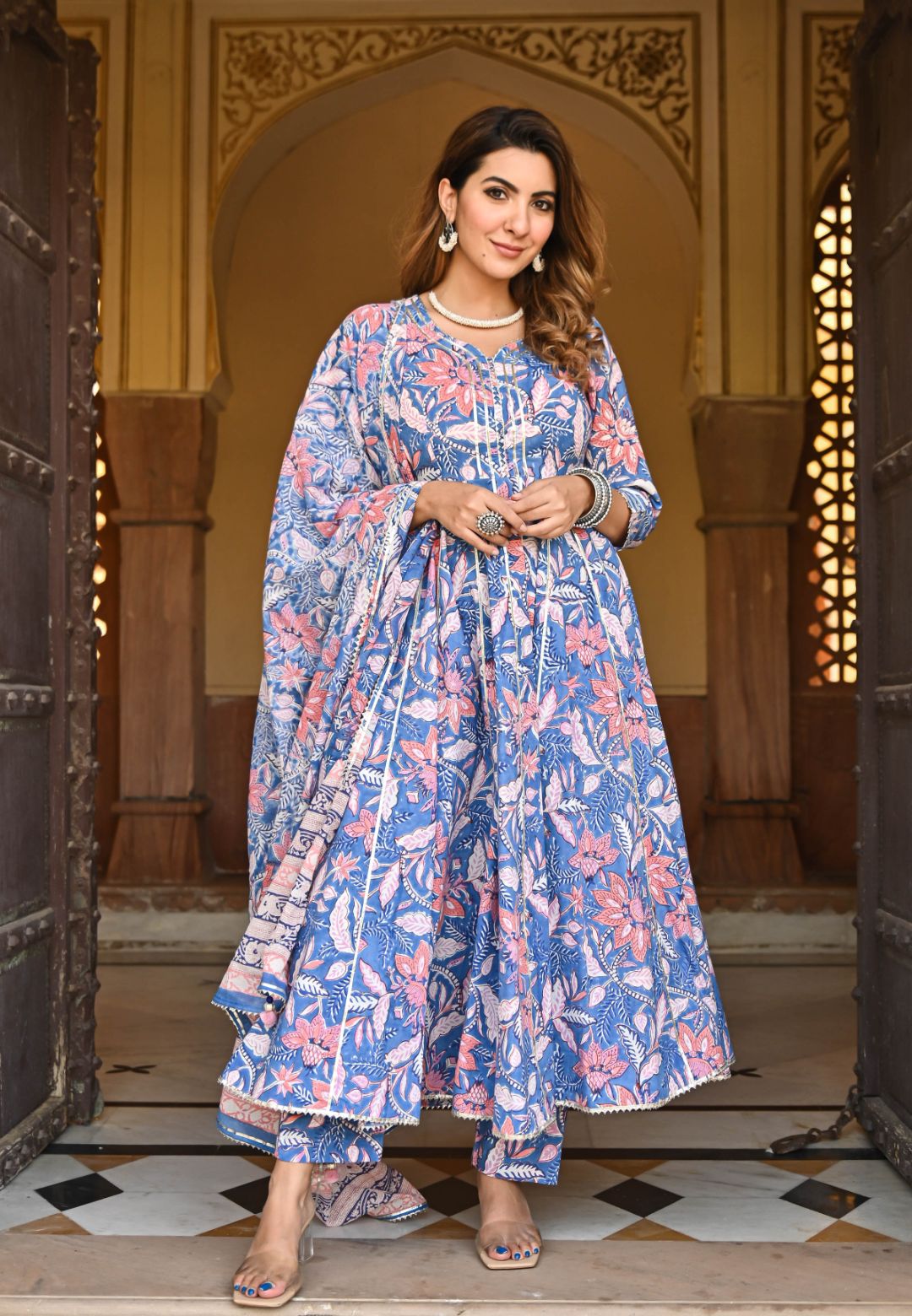 BLUE FLORAL HANDBLOCK PRINTED SUIT SET