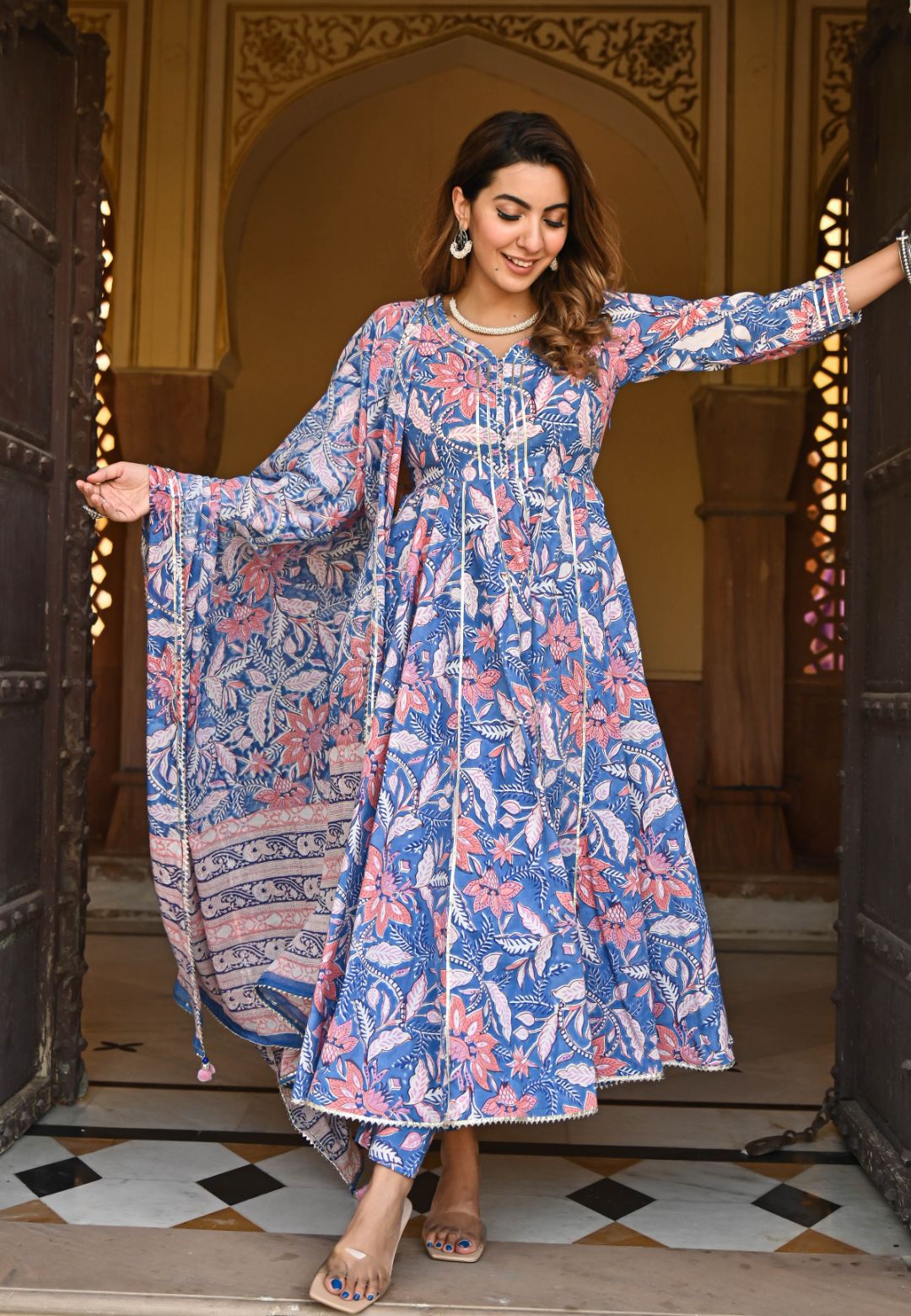 BLUE FLORAL HANDBLOCK PRINTED SUIT SET