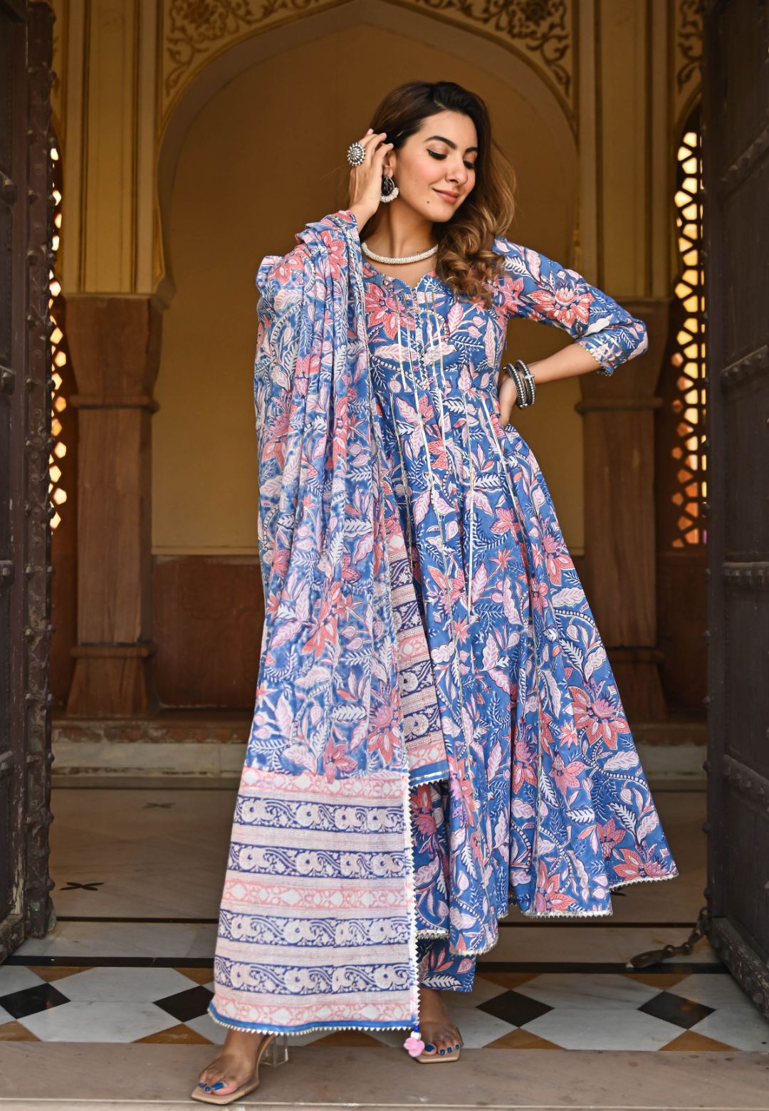 BLUE FLORAL HANDBLOCK PRINTED SUIT SET