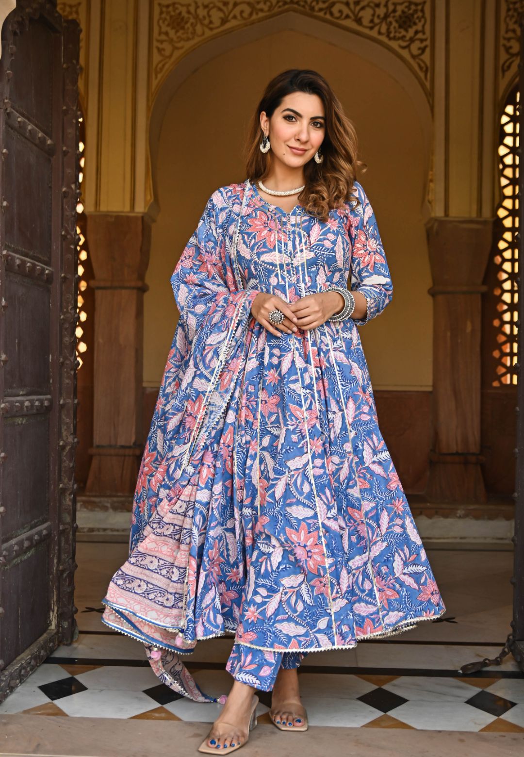 BLUE FLORAL HANDBLOCK PRINTED SUIT SET