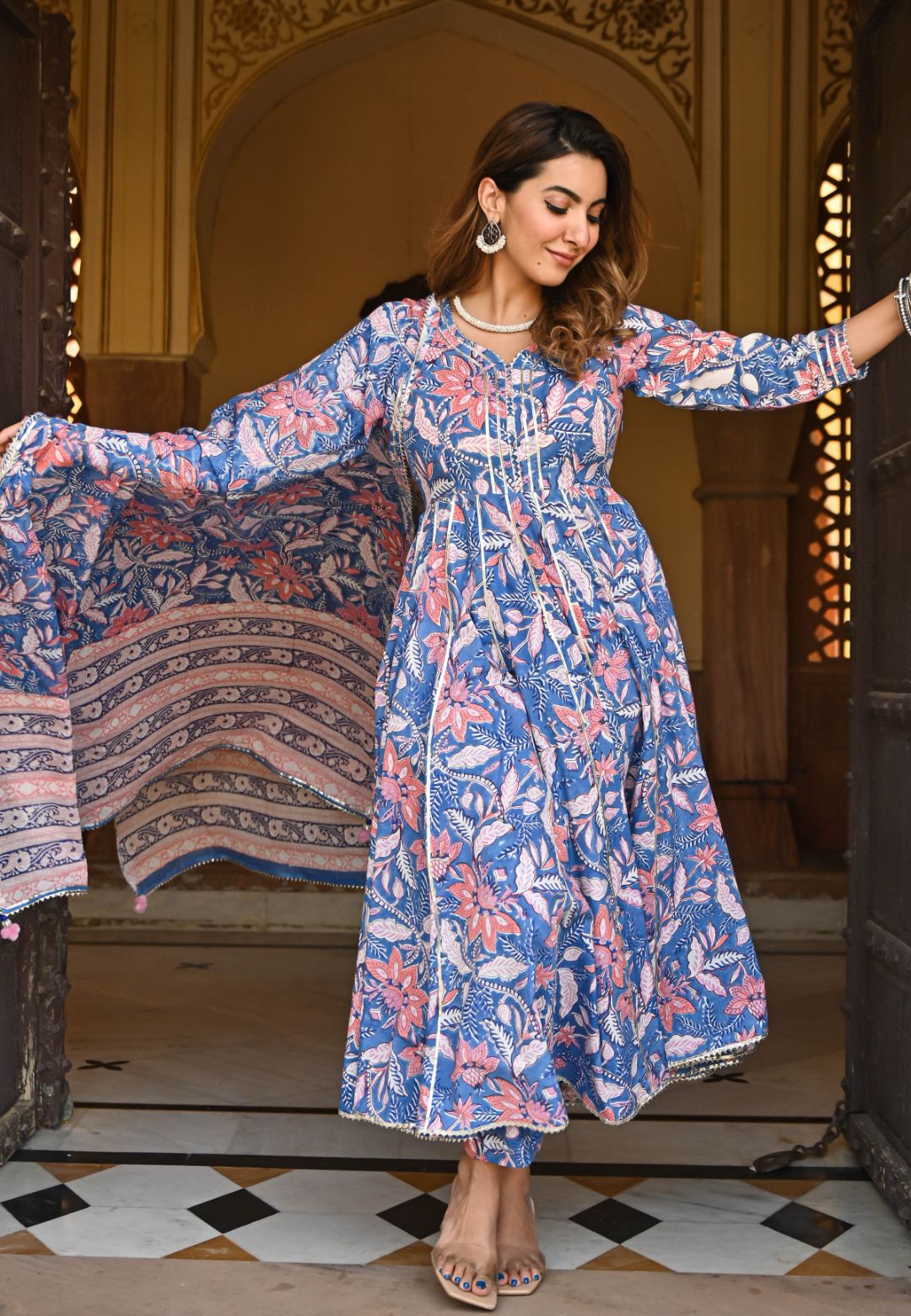 BLUE FLORAL HANDBLOCK PRINTED SUIT SET
