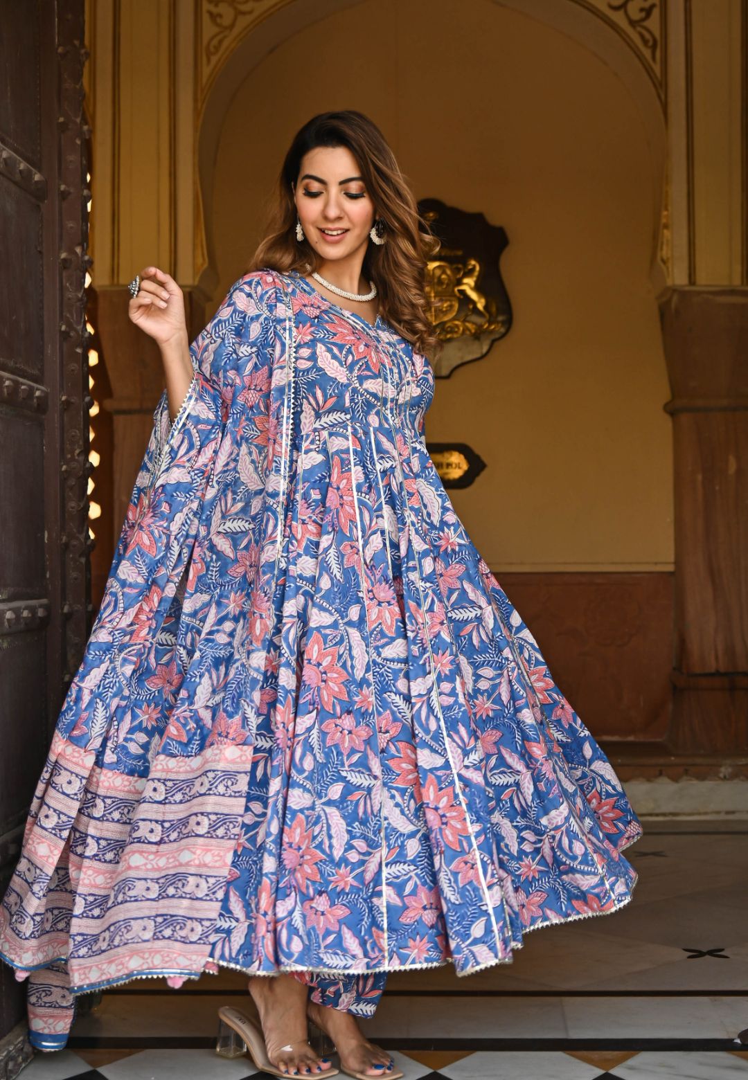 BLUE FLORAL HANDBLOCK PRINTED SUIT SET