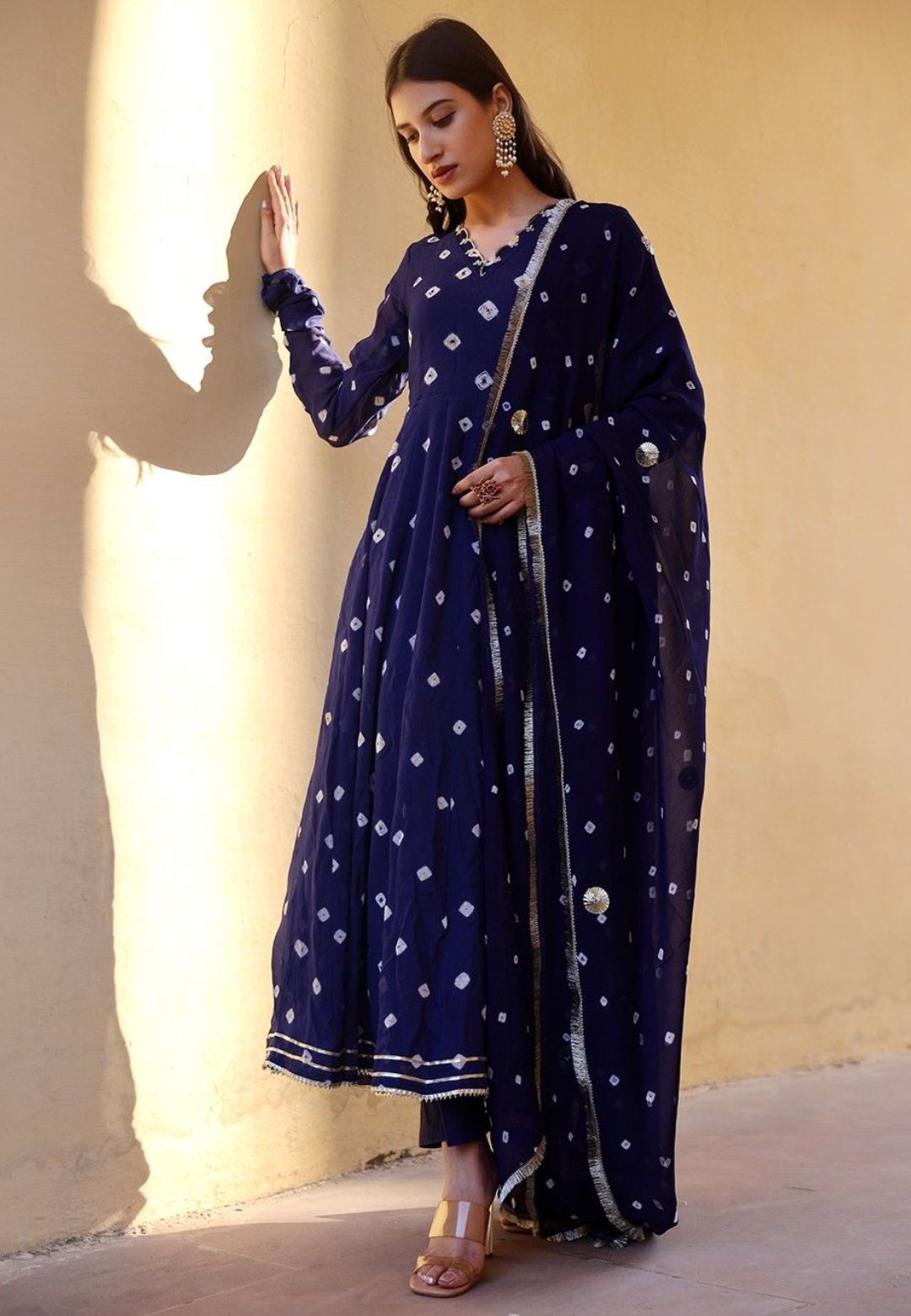 BLUE BANDHEJ GEORGETTE ANARKALI SUIT SET