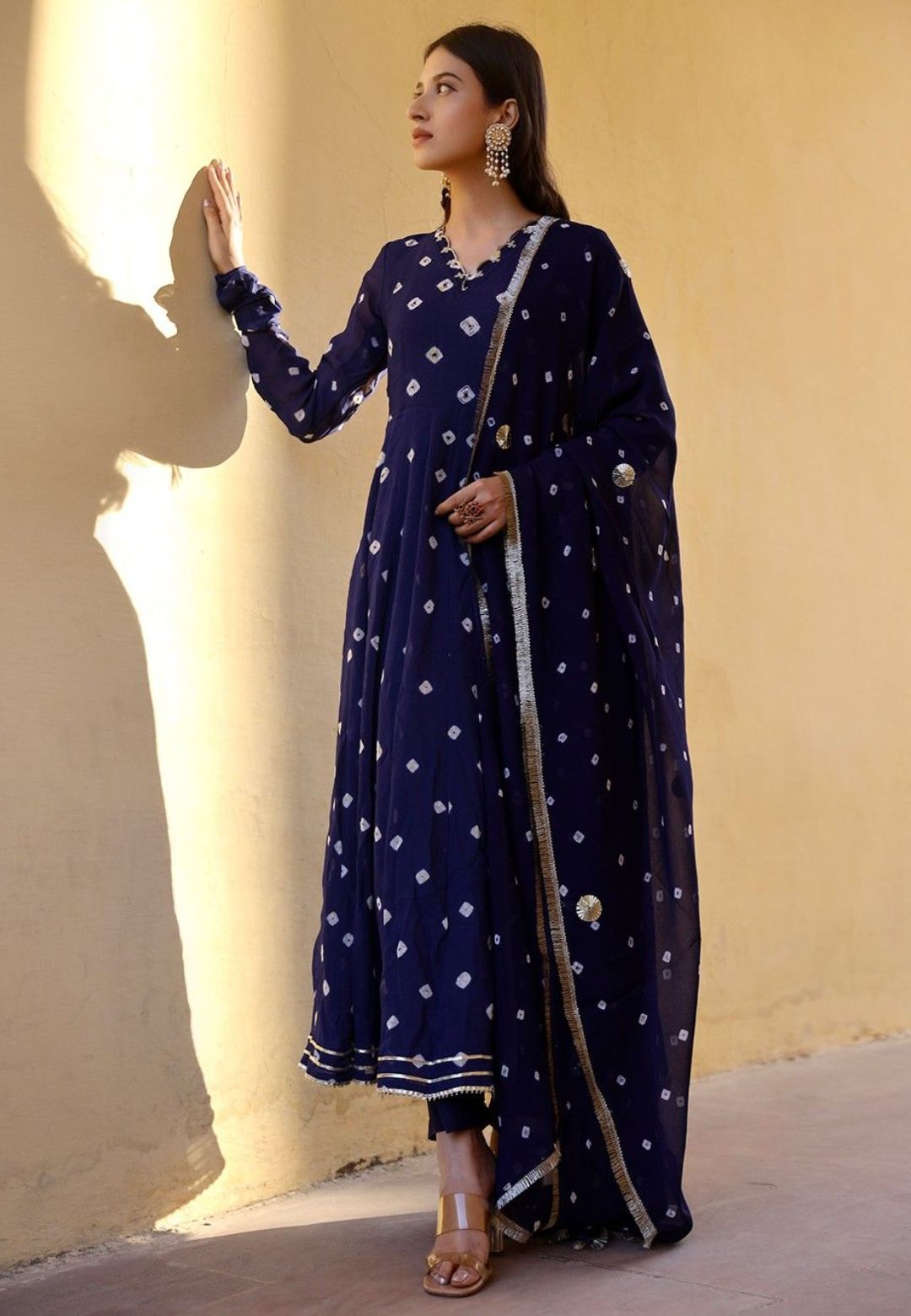 BLUE BANDHEJ GEORGETTE ANARKALI SUIT SET