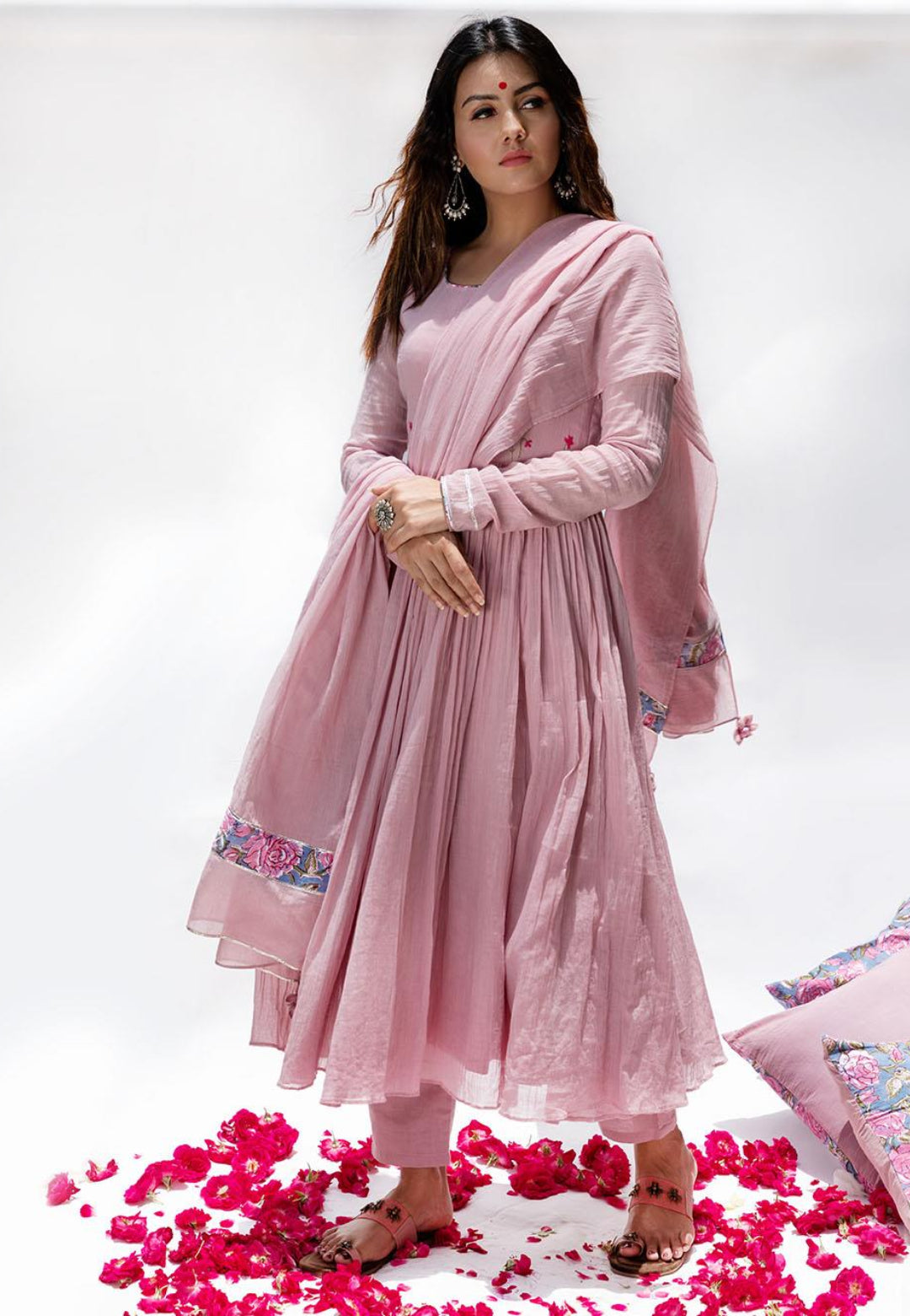 PASTEL PINK MULMUL ANARKALI SUIT SET