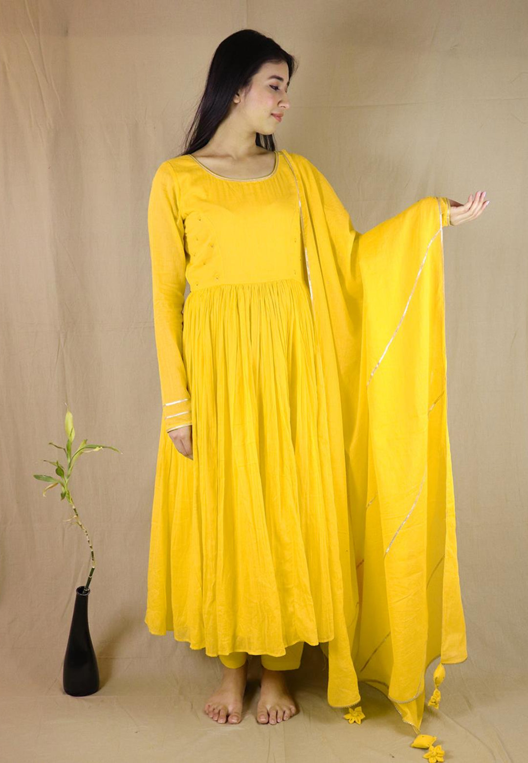 YELLOW MULMUL ANARKALI SUIT SET