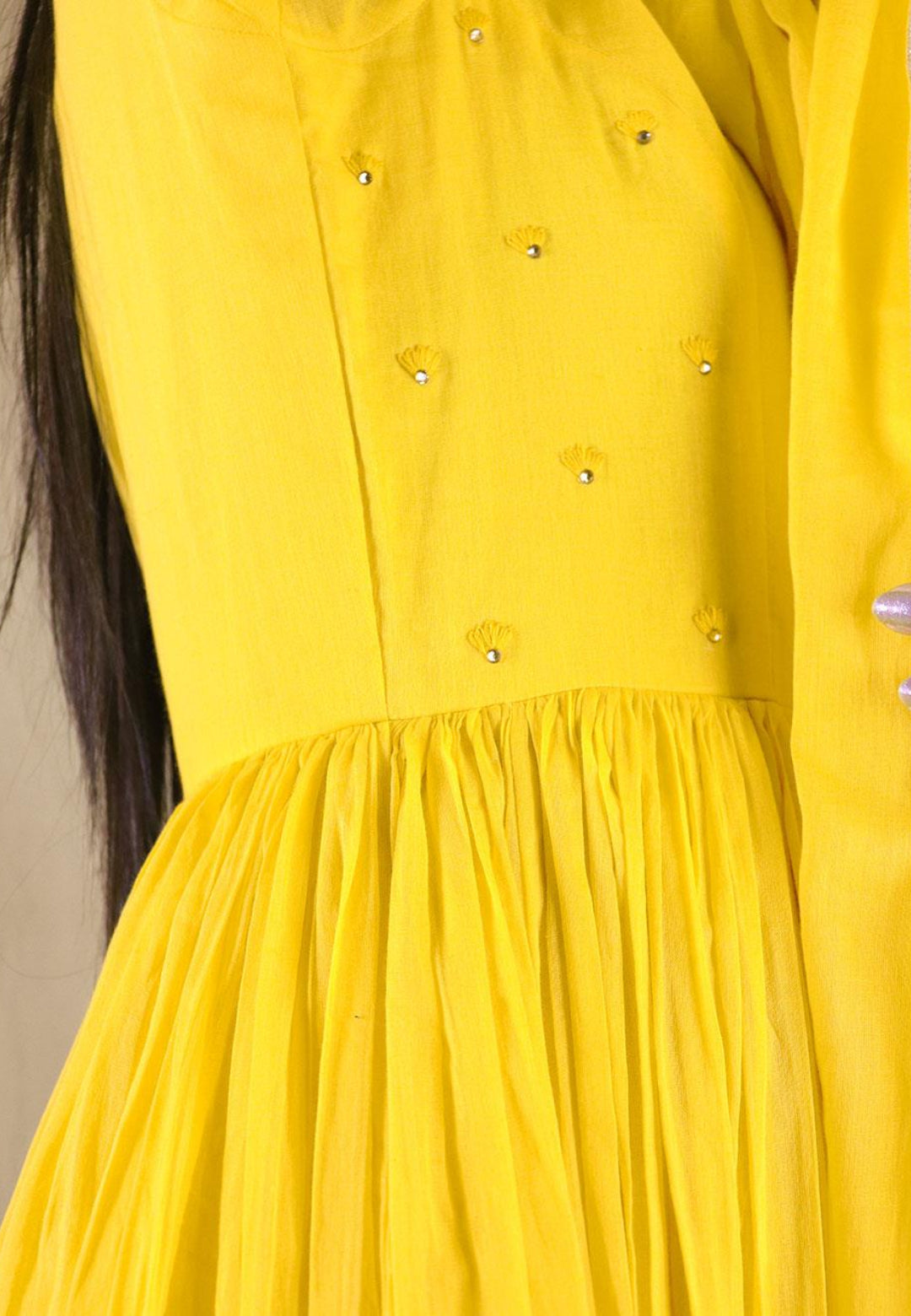 YELLOW MULMUL ANARKALI SUIT SET
