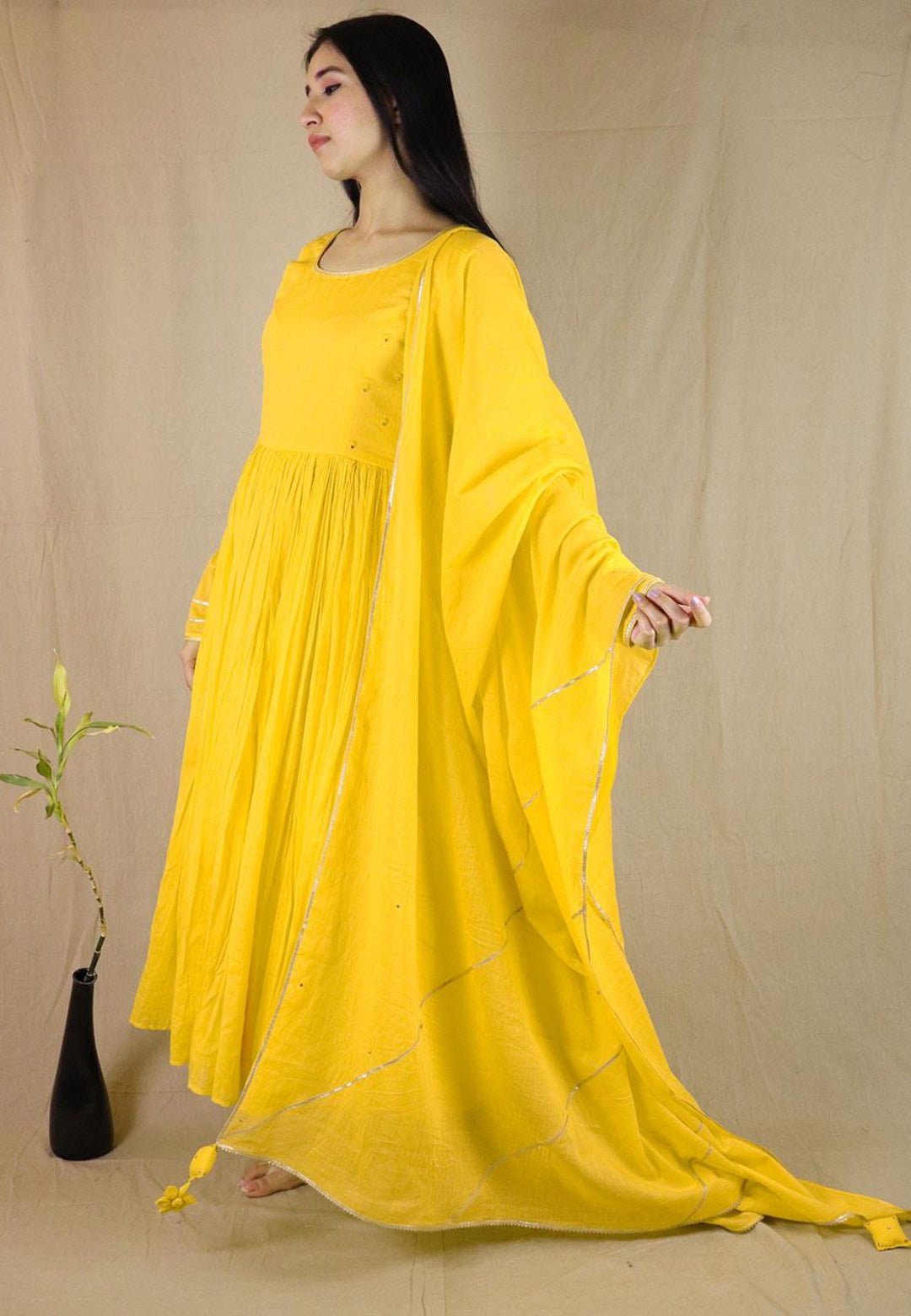 YELLOW MULMUL ANARKALI SUIT SET