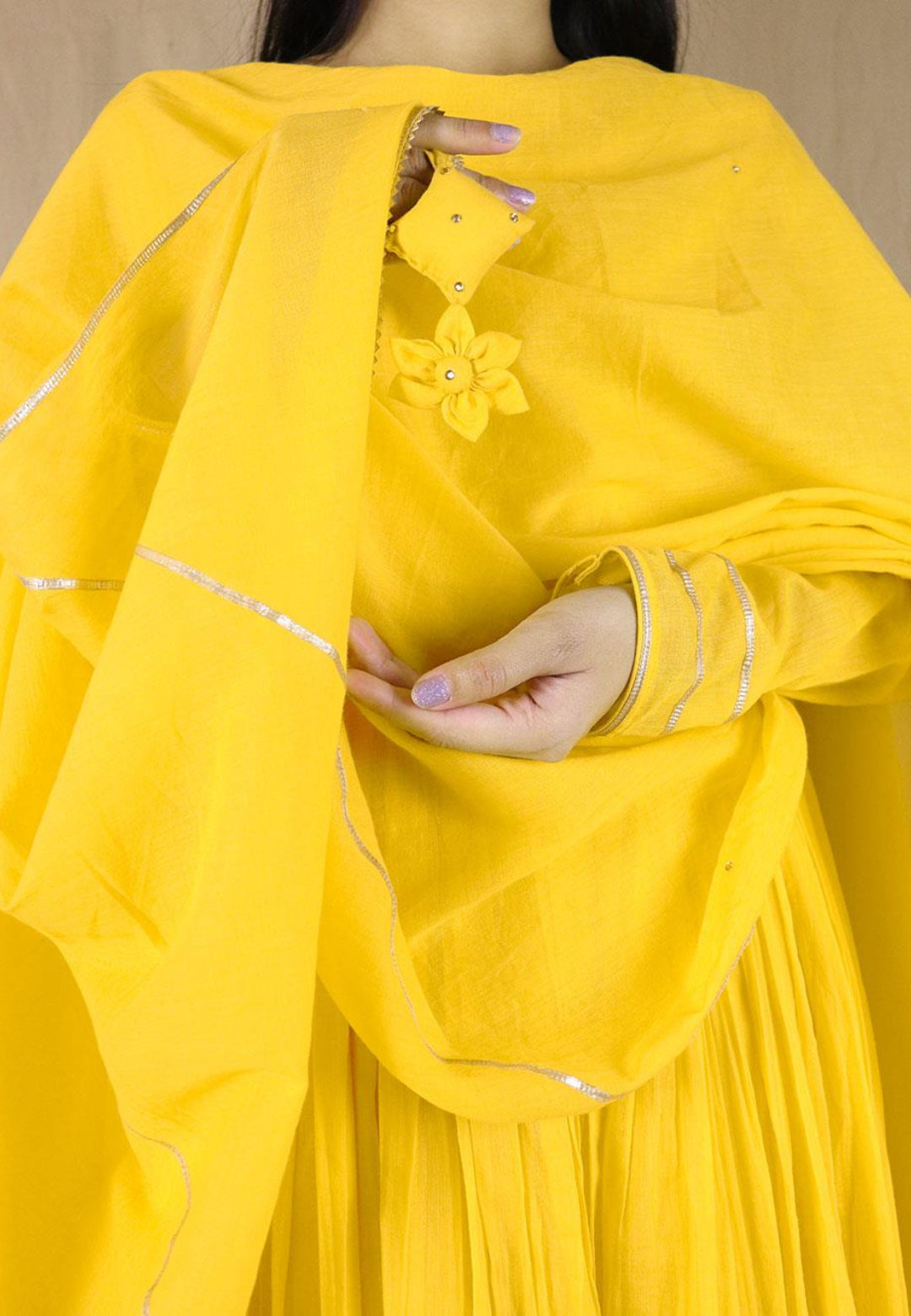 YELLOW MULMUL ANARKALI SUIT SET