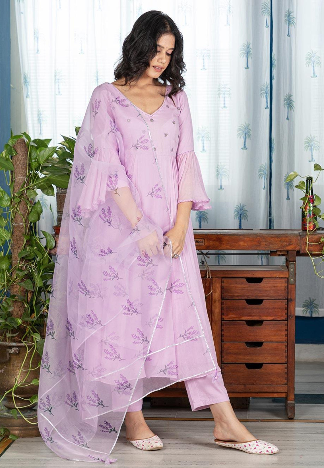 LILAC PURPLE FRILLS ANARKALI SUIT SET