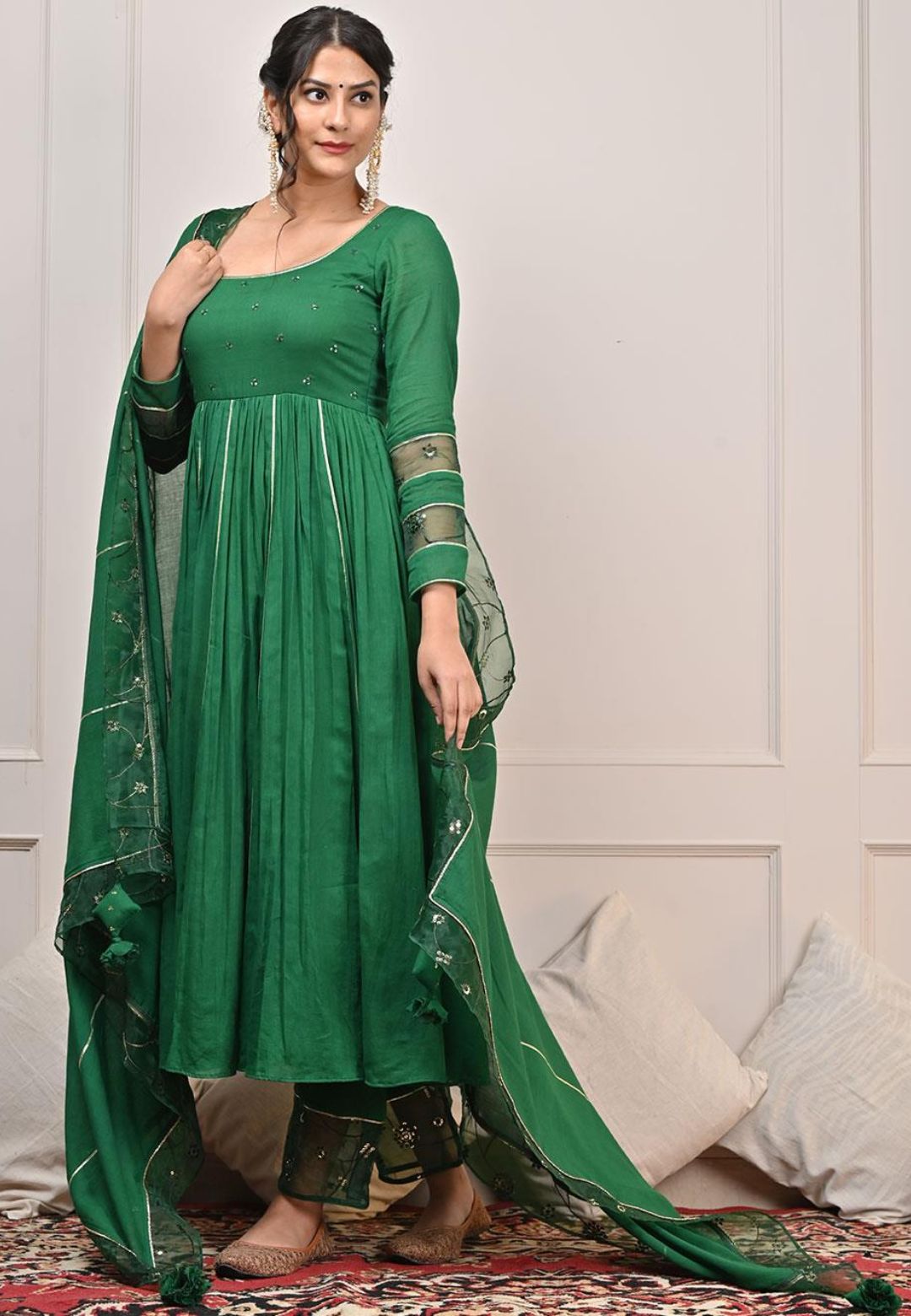 GREEN MULMUL ANARKALI SUIT SET