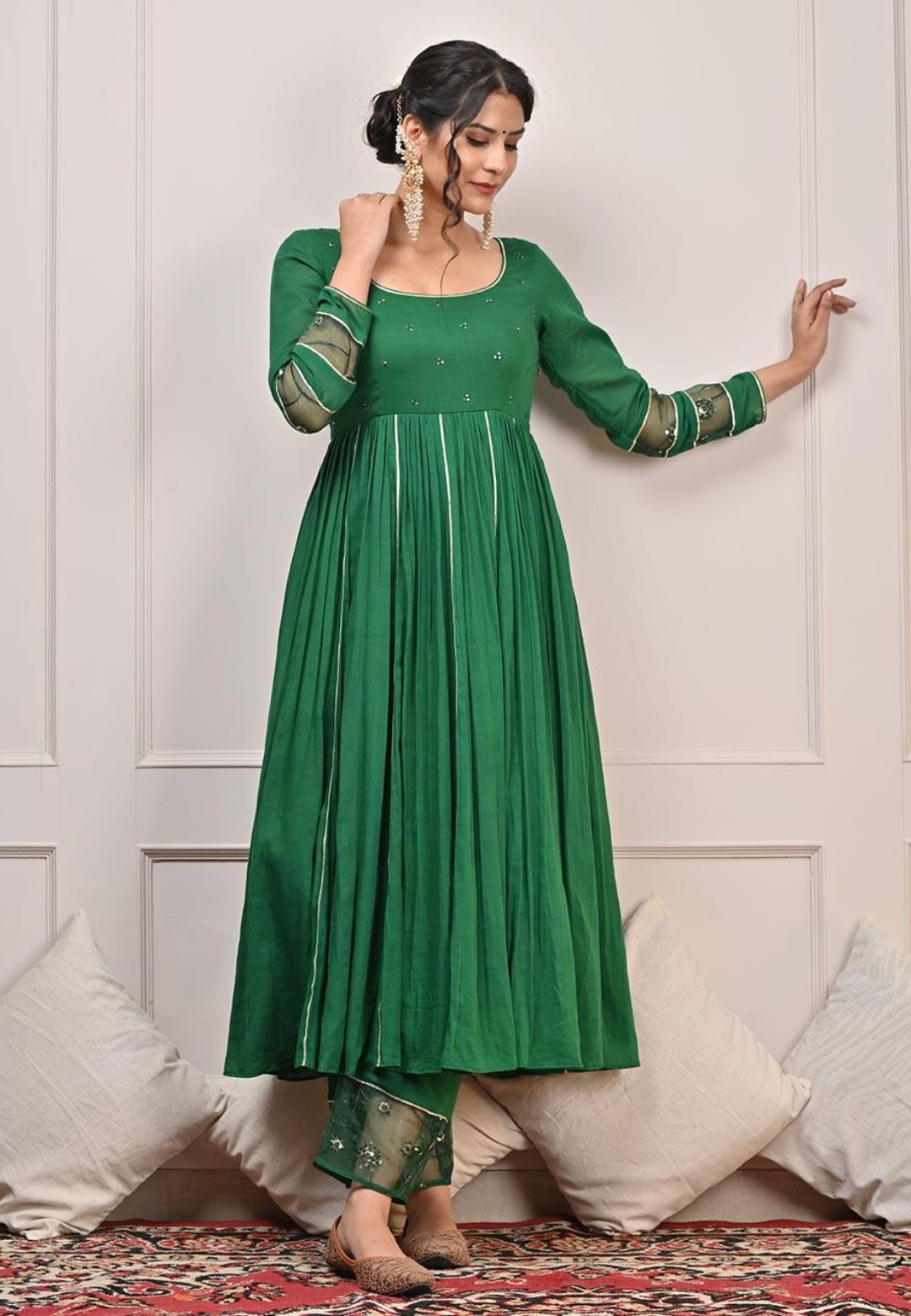 GREEN MULMUL ANARKALI SUIT SET