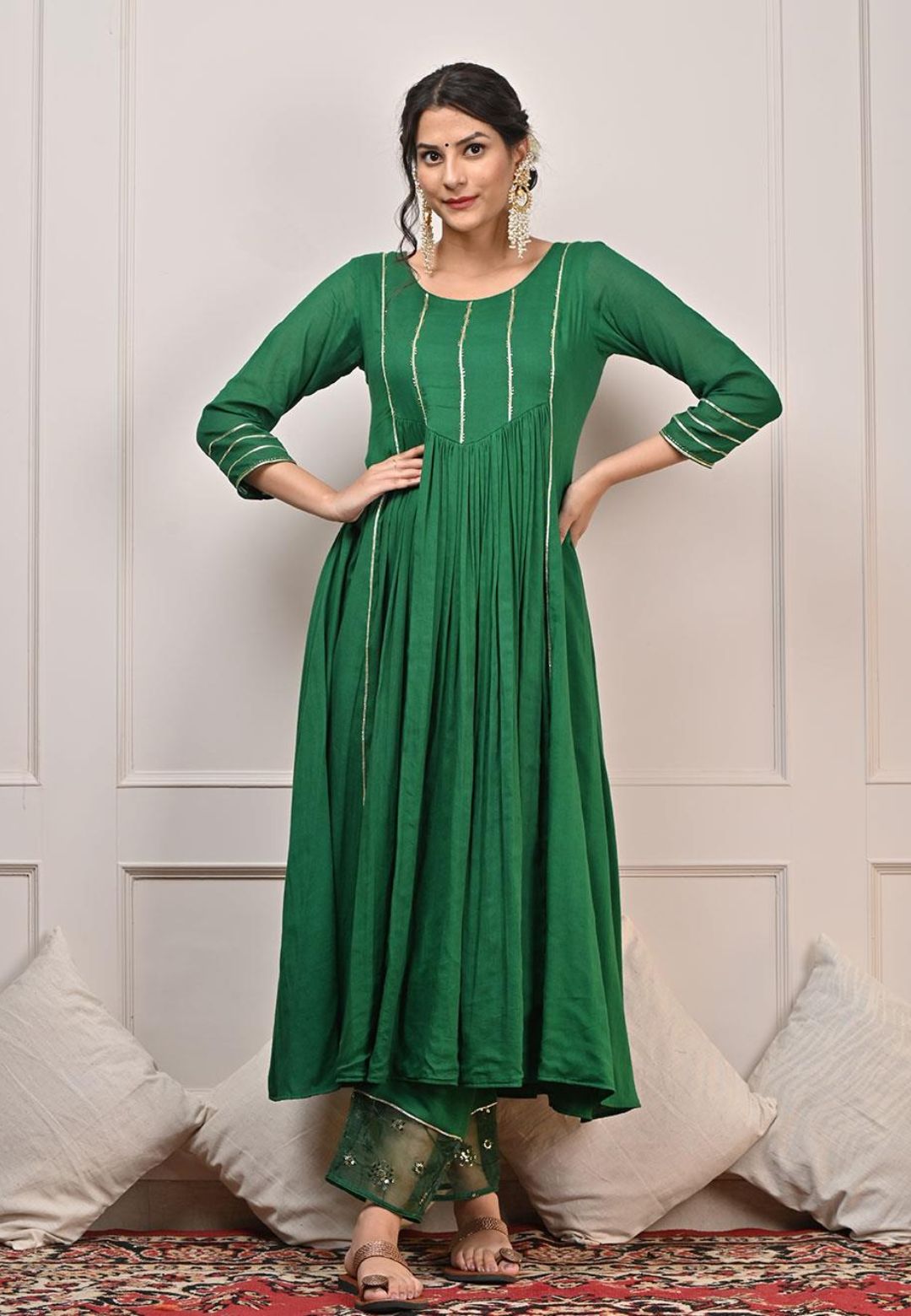 EMERALD GREEN MUL GATHERED SUIT SET