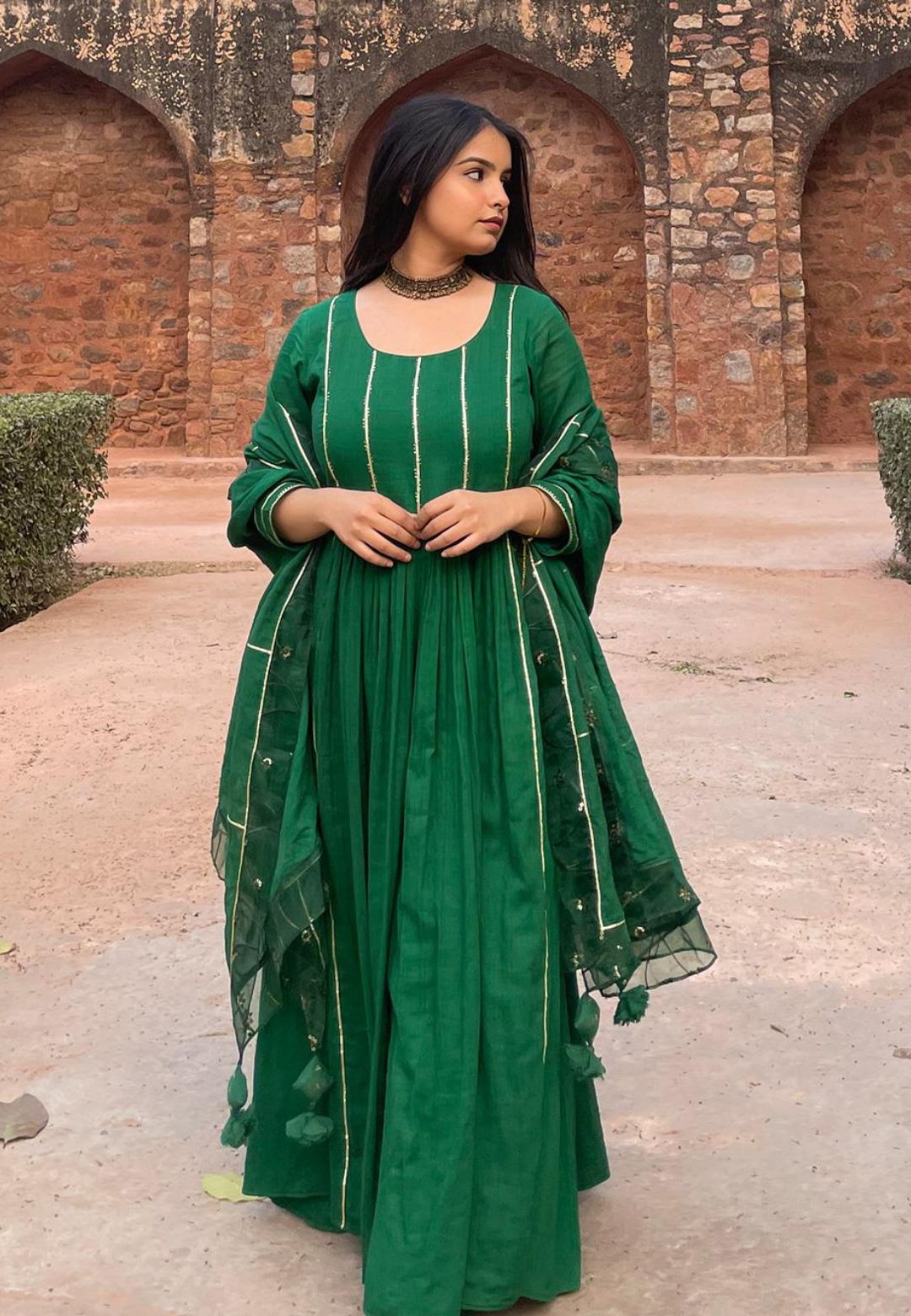 EMERALD GREEN MUL GATHERED SUIT SET