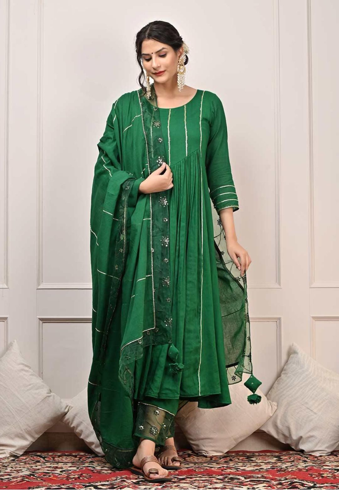 EMERALD GREEN MUL GATHERED SUIT SET