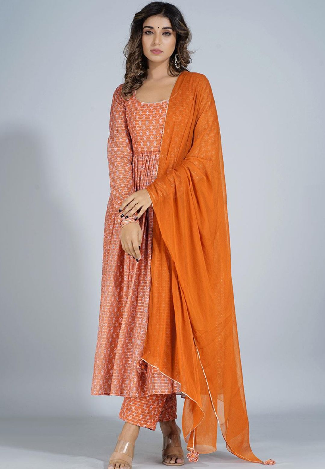 TANGERINE ORANGE GATHERED ANARKALI SUIT SET