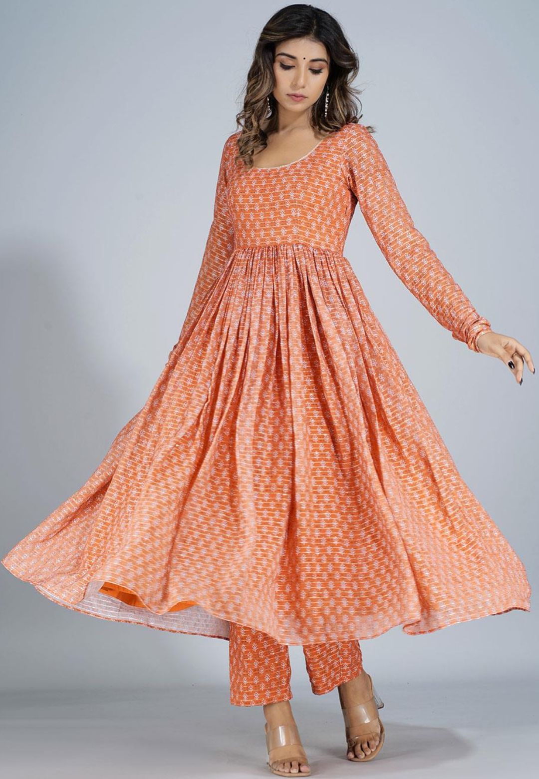 TANGERINE ORANGE GATHERED ANARKALI SUIT SET