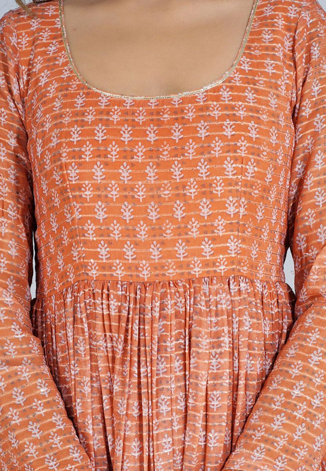 TANGERINE ORANGE GATHERED ANARKALI SUIT SET
