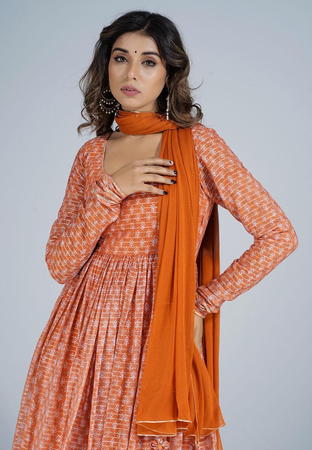 TANGERINE ORANGE GATHERED ANARKALI SUIT SET