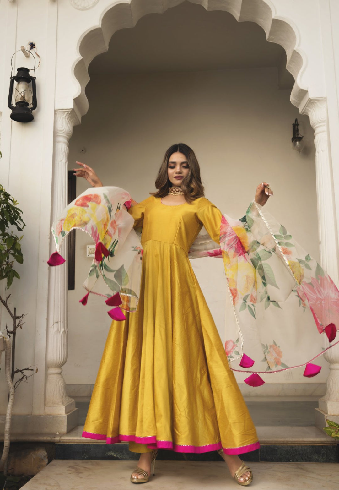 YELLOW FLOWER COTTON SILK ANARKALI SUIT SET