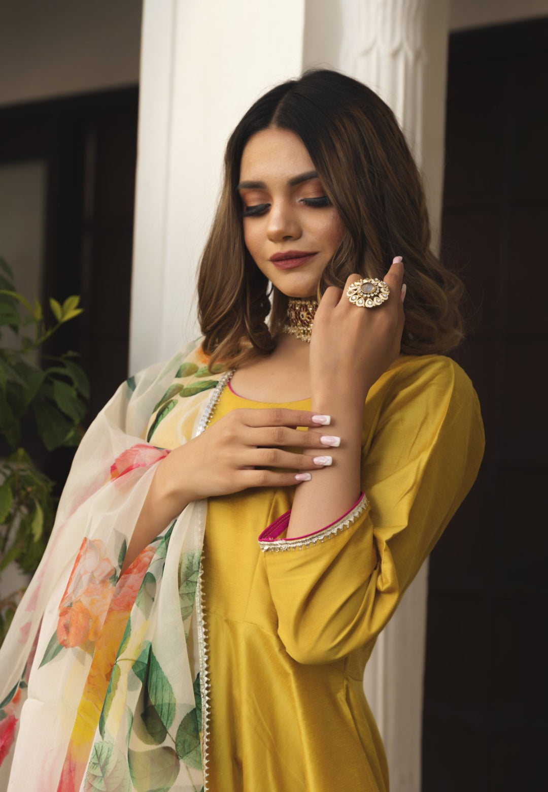 YELLOW FLOWER COTTON SILK ANARKALI SUIT SET