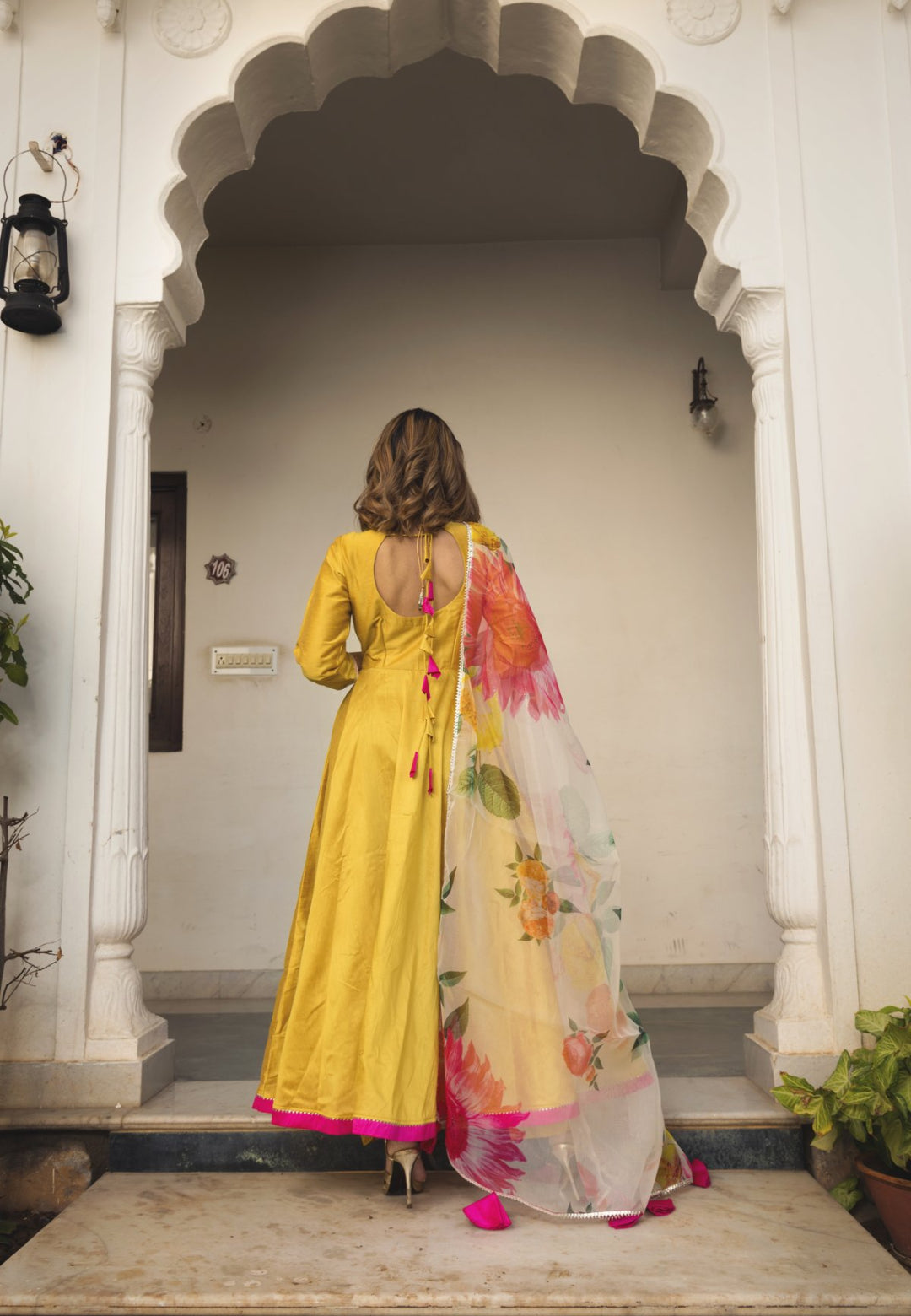YELLOW FLOWER COTTON SILK ANARKALI SUIT SET