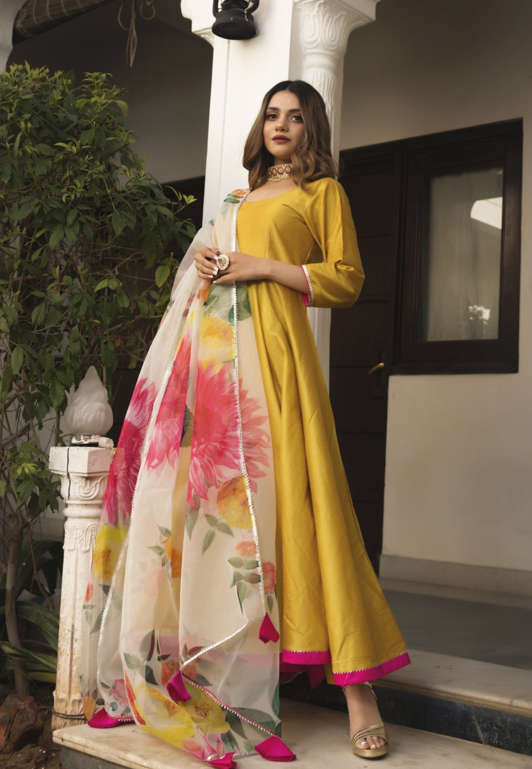 YELLOW FLOWER COTTON SILK ANARKALI SUIT SET