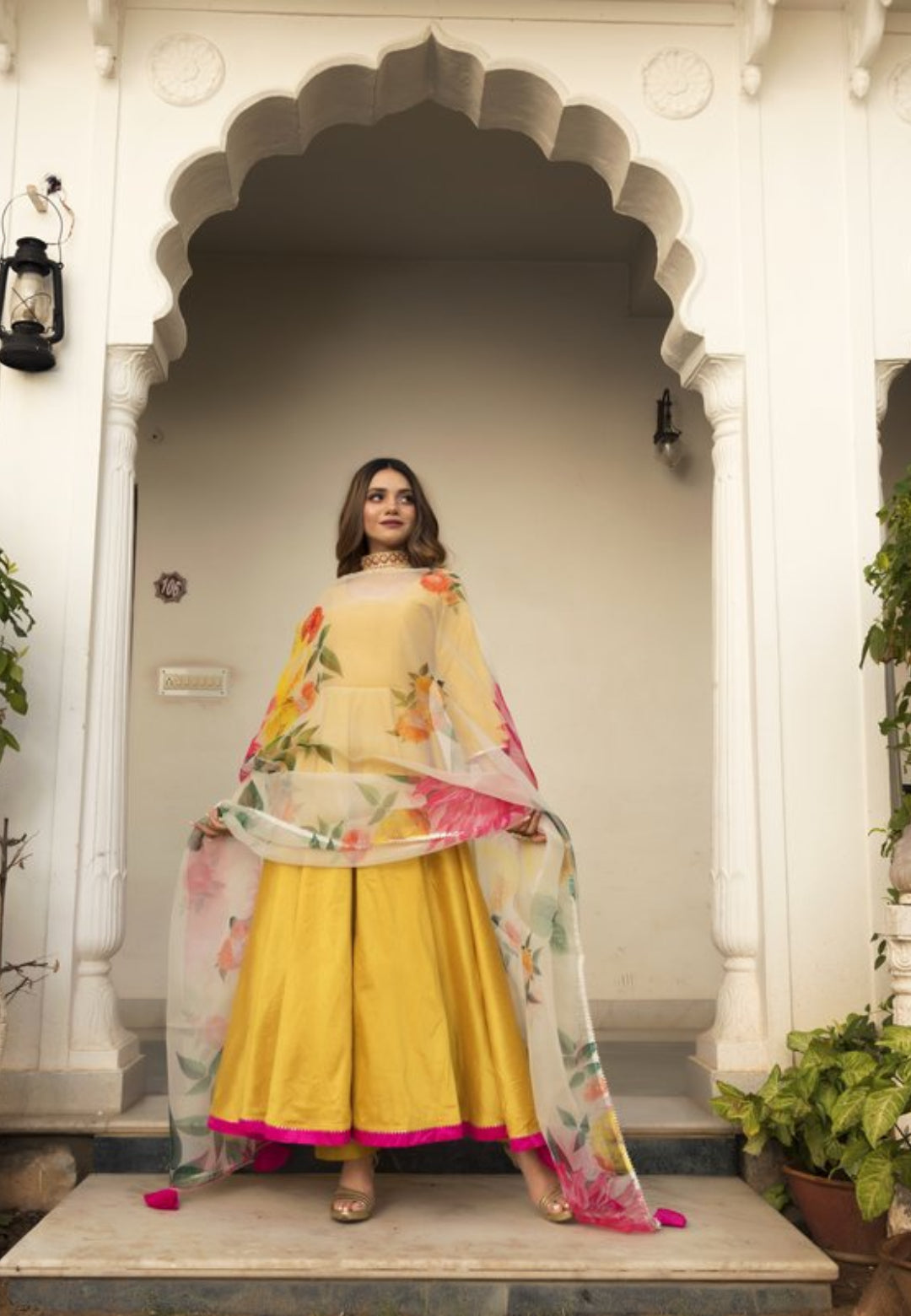 YELLOW FLOWER COTTON SILK ANARKALI SUIT SET