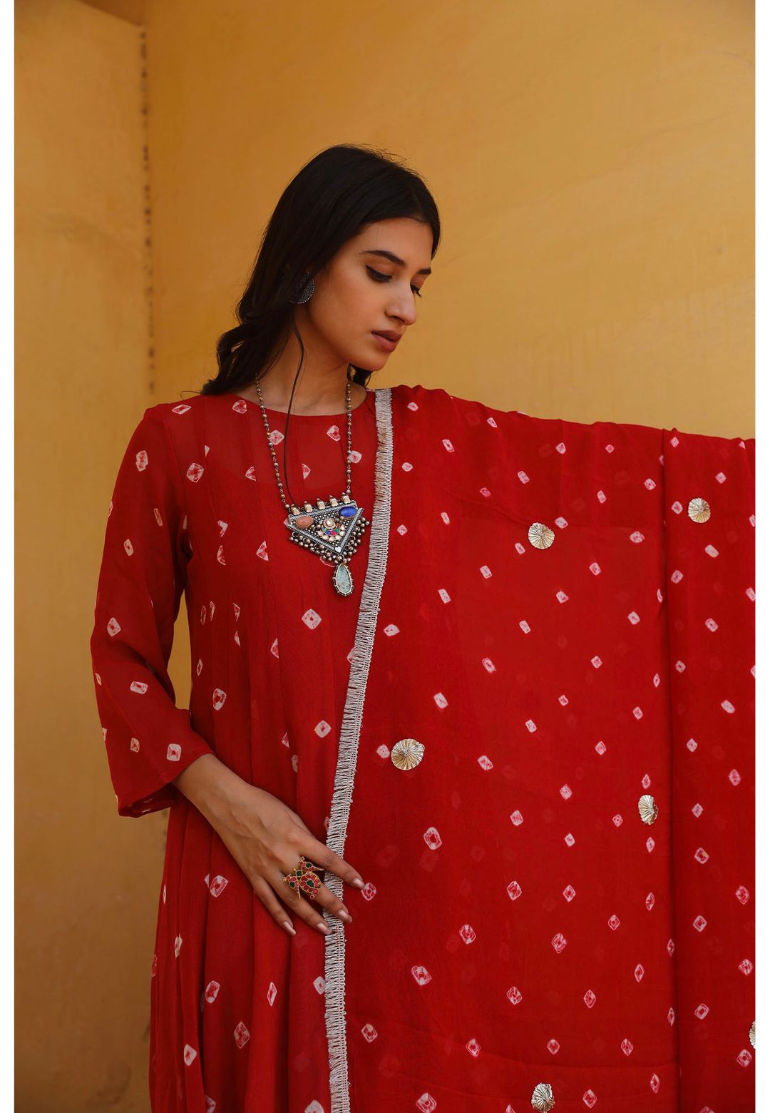 RED BANDHEJ GEORGETTE ANARKALI SUIT SET