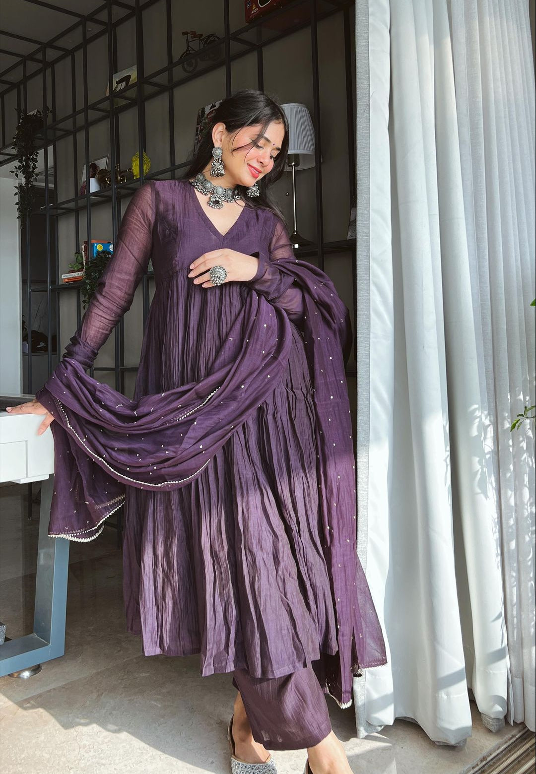 PURPLE CHANDERI ANARKALI SUIT SET
