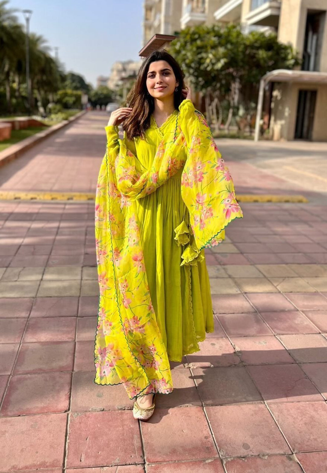 LIME GREEN CHANDERI ORGANZA ANGRAKHA SUIT SET