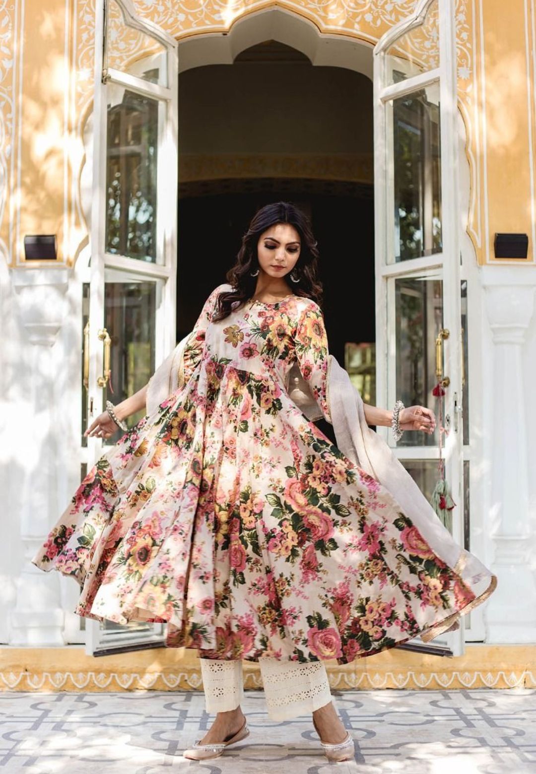 OFF WHITE COTTON FLORAL ANARKALI SET