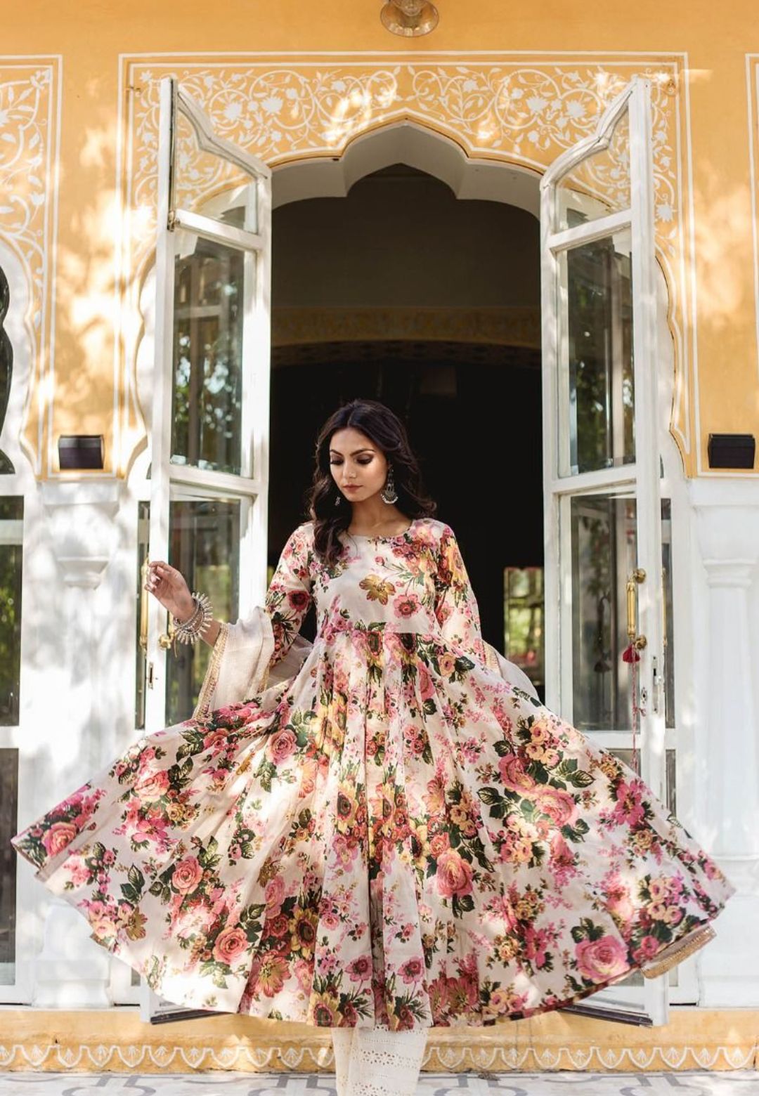 OFF WHITE COTTON FLORAL ANARKALI SET