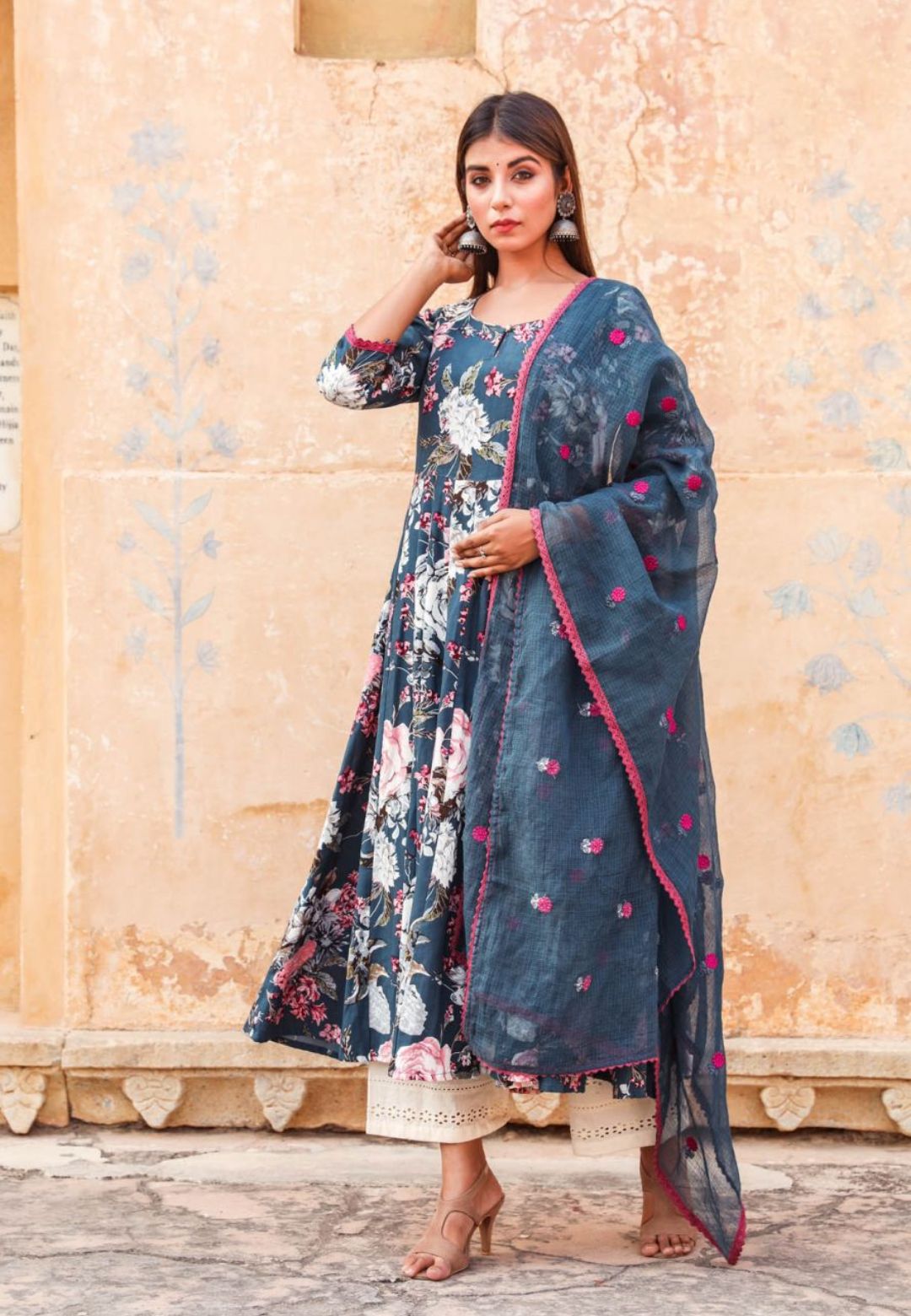 DEEP BLUE MUSLIN FLORAL ANARKALI SET